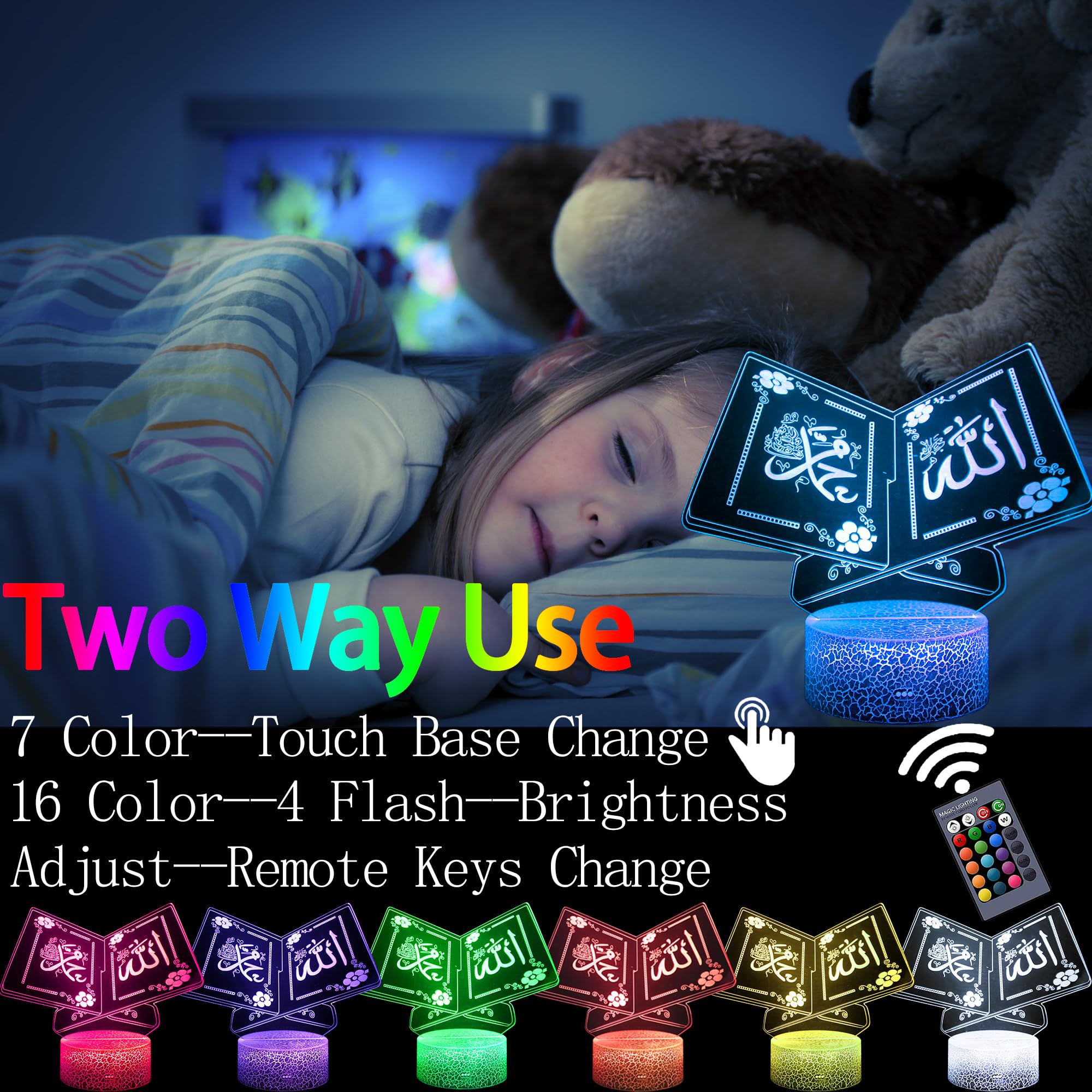 3Pcs Muslims Night Lights - 3D Illusion Lamp Set With Moon Castle, Quran Book, Flower Designs - 16 Changeable Colors With Remote And Touch Control Ramadan Islamic Gifts For Kids Friends Home Deco