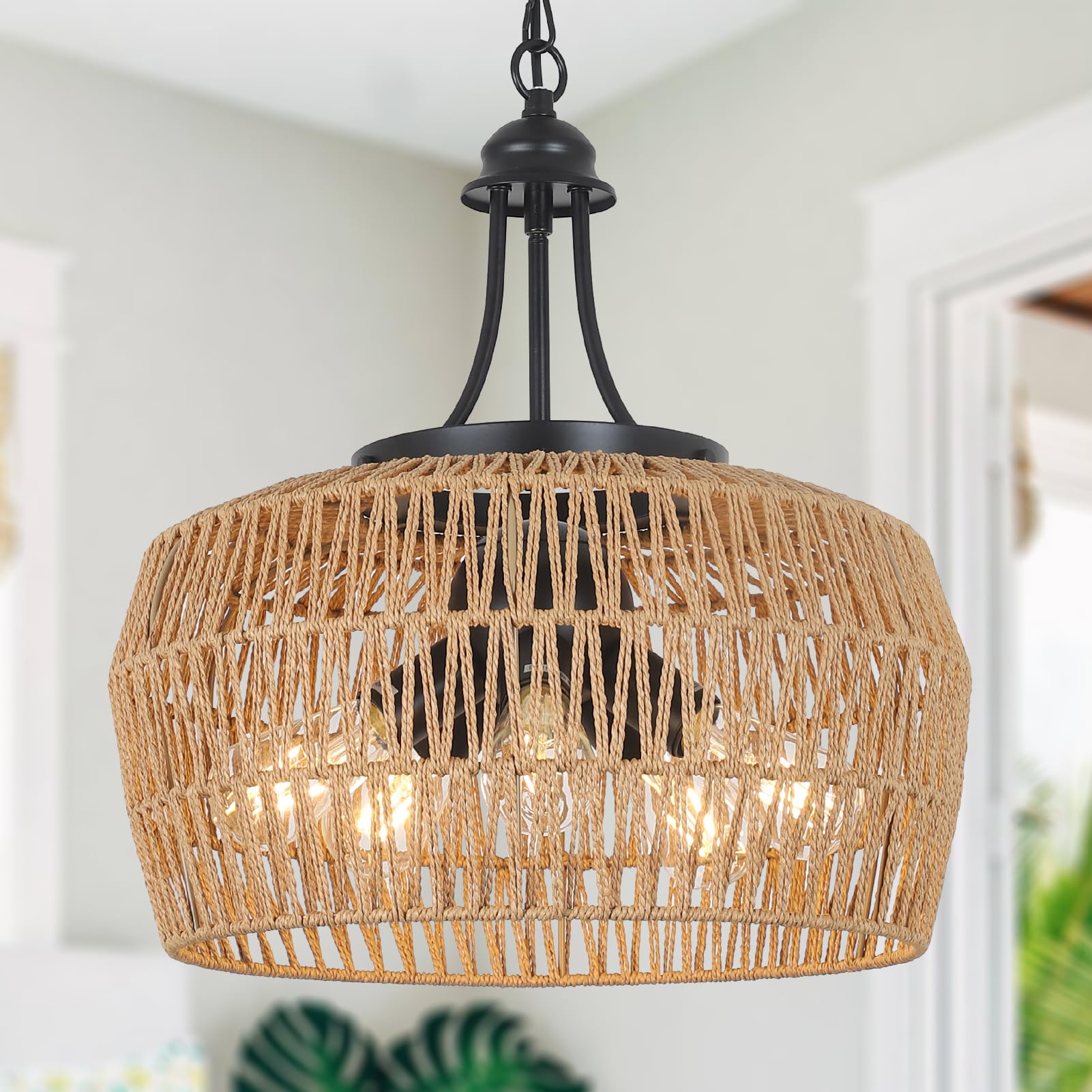 HMVPL Large Farmhouse Chandeliers for Dining Room, 5-Light Rattan Boho Chandelier Light Fixture with Wicker Lampshade, Coastal H