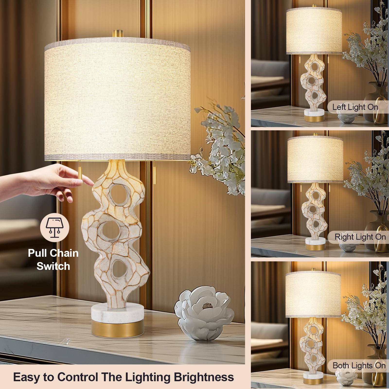 Scenekoy Sculptural Table Lamp Set of 2, 26” Rustic Linen Shade, Antique Gray & Gold, USB Ports, E26 Bulbs Included, Model SL030