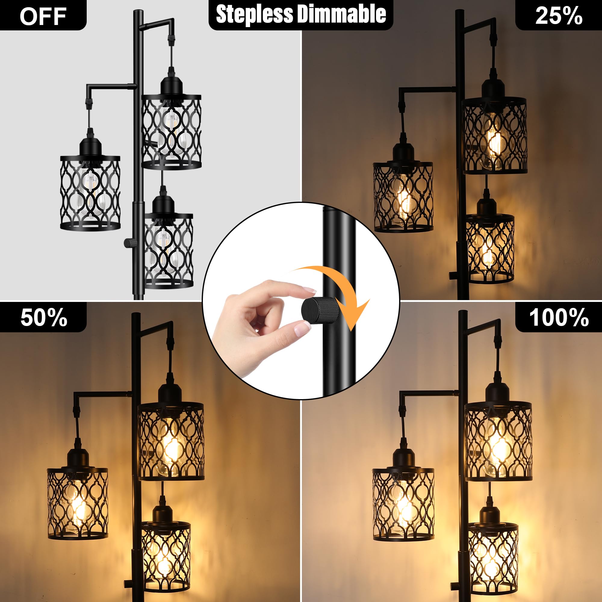 ROTTOGOON Dimmable Industrial Floor Lamp, 68" Black Metal, 3 LED Bulbs, Rustic Design for Living Room, Bedroom, Office