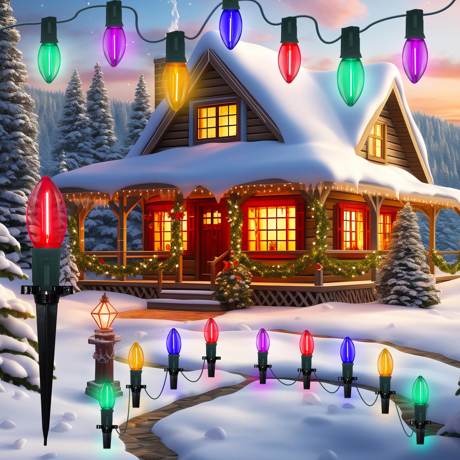 C9 LED Christmas Pathway Light, 38FT Multicolor Pathway Christmas Lights with 27 Multicolored Jumbo LED Bulbs, Connectable Chris