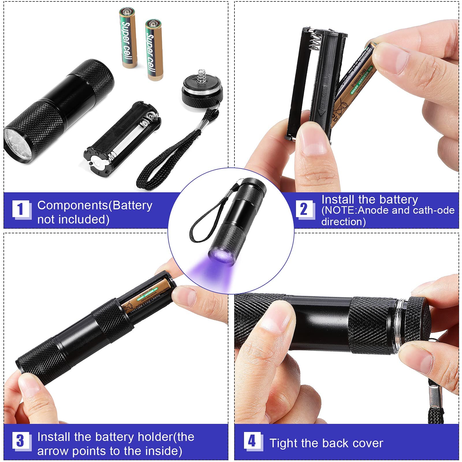 Roceei Mini LED Blacklight Torch - 10 Pack Portable UV Flashlight for Pet Stains, Aluminum, Purple Light