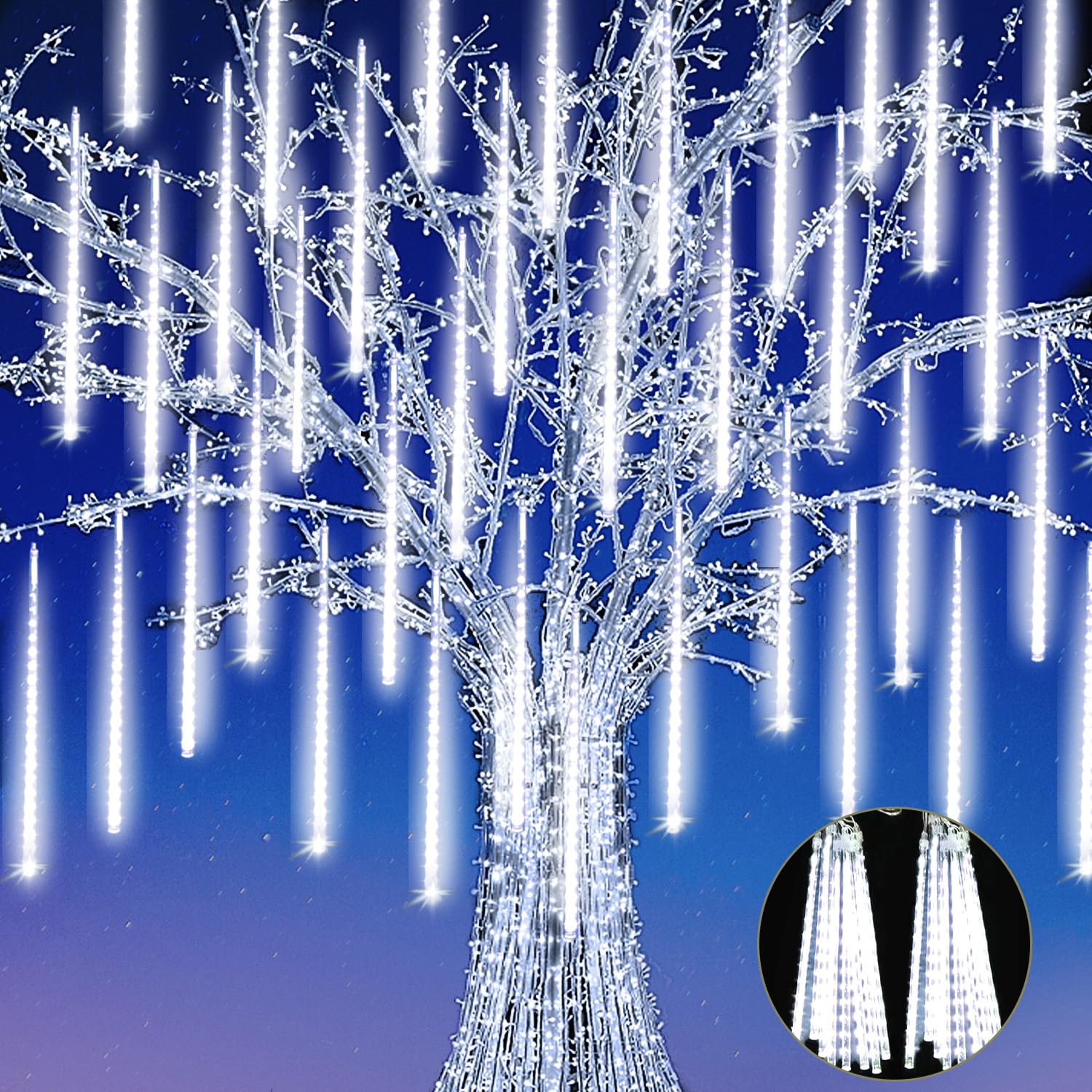 JJGoo ?2 Pack? Christmas Lights Meteor Shower Rain Lights 12inch, Totally 20 Tube 480 LEDs Icicle Lights Outdoor Raindrop Lights for Xmas Halloween Wedding Party Tree Holiday Decoration, White
