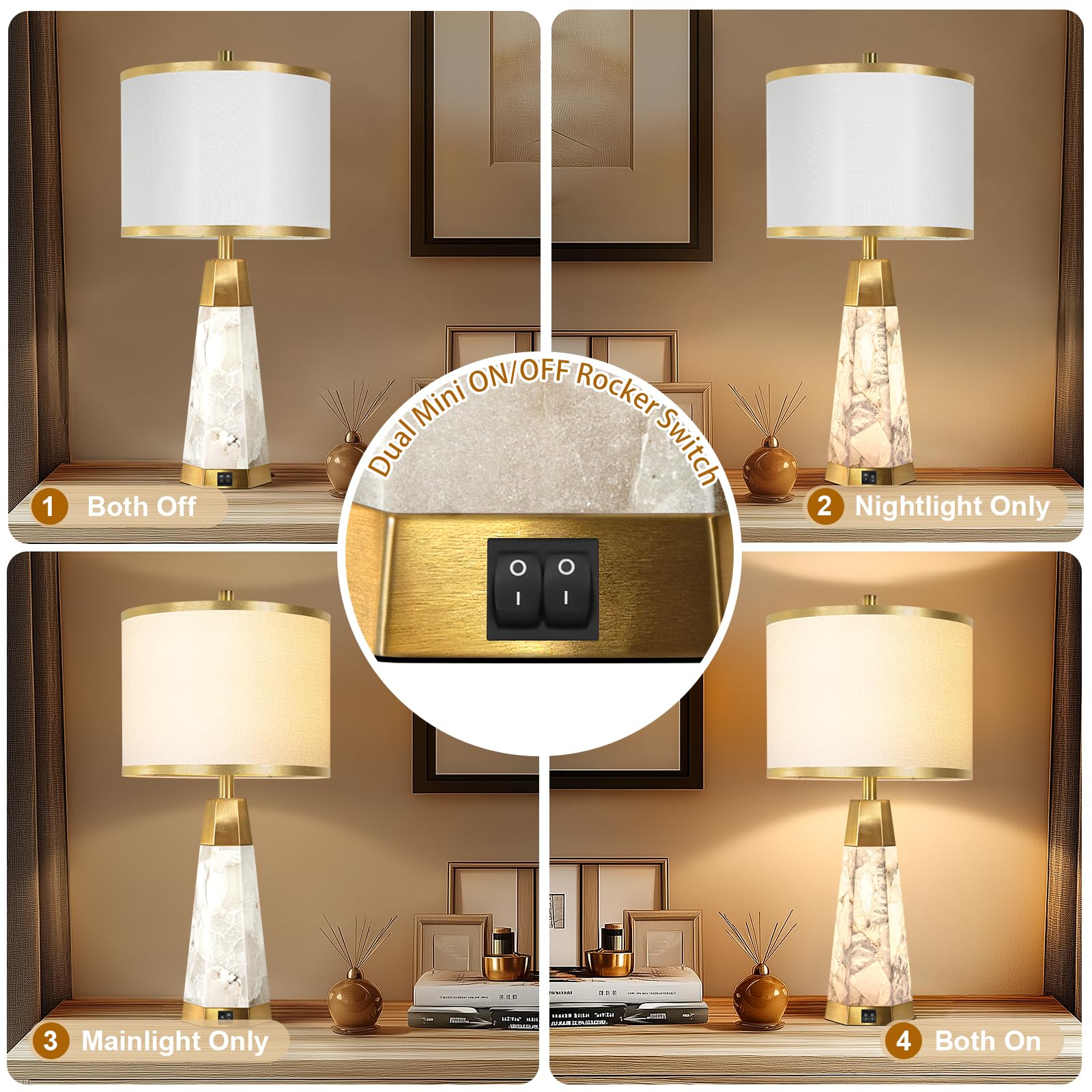 KIVDITZO Alabaster Table Lamps Set of 2 with USB Ports, Night Light, White Linen Shade, Golden Colored-3, Model LPZL014