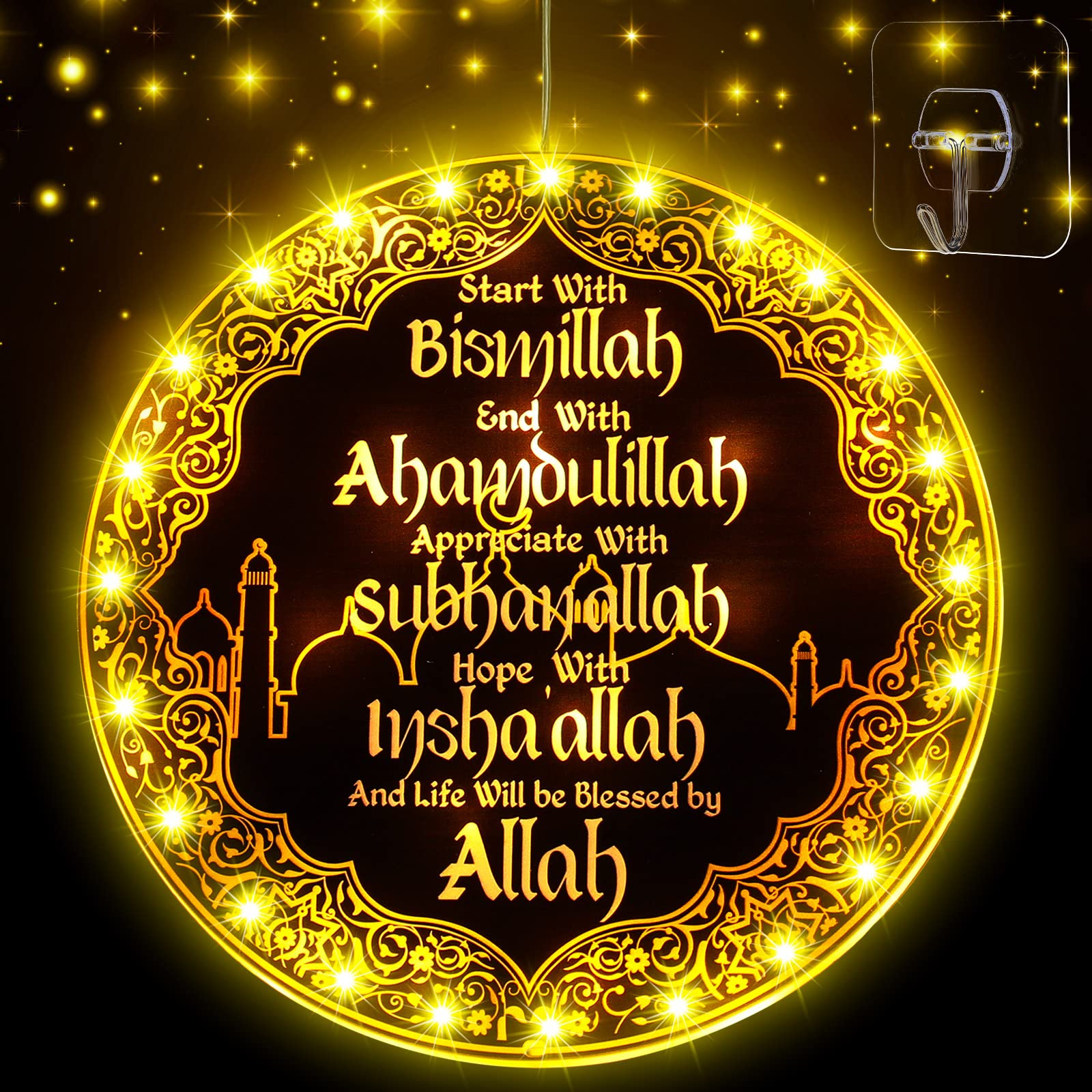 Capoda Ramadan Window Lights Eid Mubarak Decorations Moon Start and End with Allah Wall Art Lights up Muslim Decorations for Doo