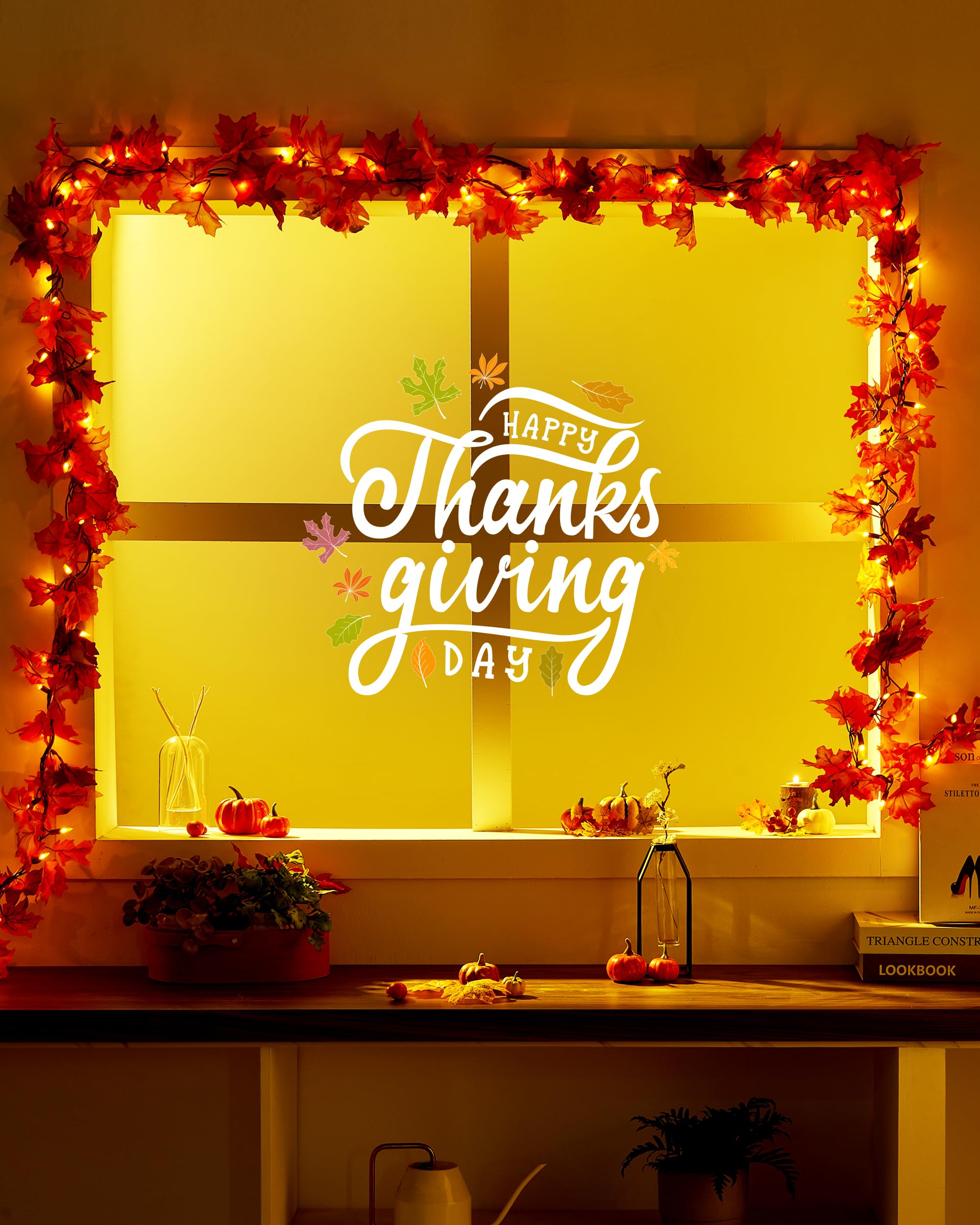 Vcoken 11Ft Fall Garland With Lights, Plug In Fall Lights 50 Bulbs Connectable Maple Leaves Lights With Pumpkin, Fall Decor Lights For Outdoor Indoor Halloween Thanksgiving Holidays