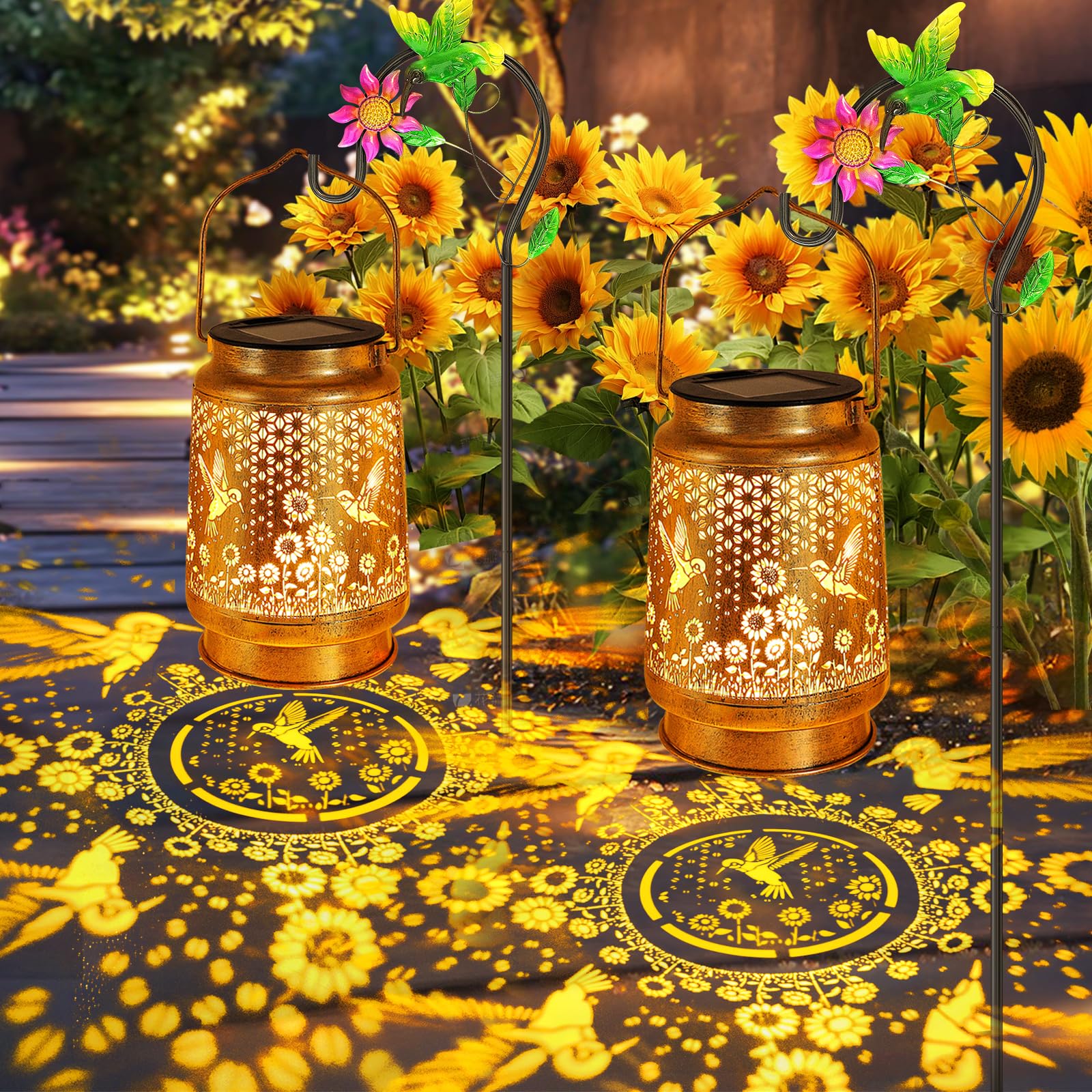2 Pack Hummingbird Sunflower Solar Lanterns Outdoor with Shepherd Hook, Birthday Gift Mothers Day Gift for Women Mom Grandma Wif