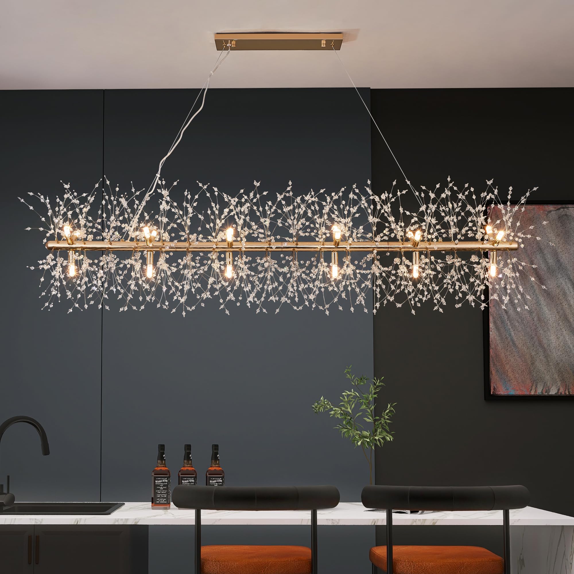 Modern 59'' Modern Gold Crystal Firework Chandelier, 18-Light Pendant Light Fixture, Rectangle Linear Sputnik Dandelion Chandeli