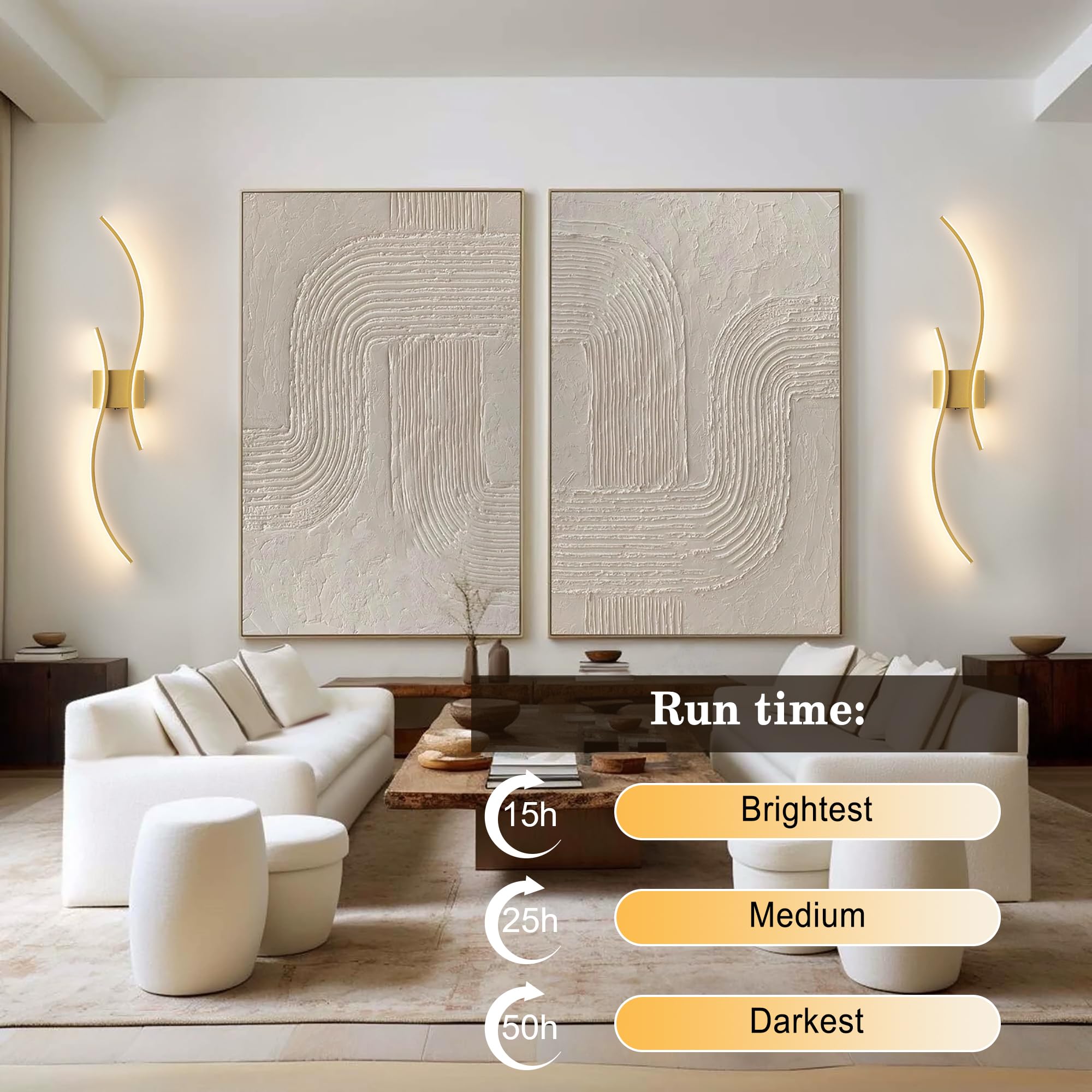 KARTOOSH LED Wall Sconces Set of 2, Gold, 39.3" Metal, Remote Control, Dimmable, Stepless Colors 3000K-6000K