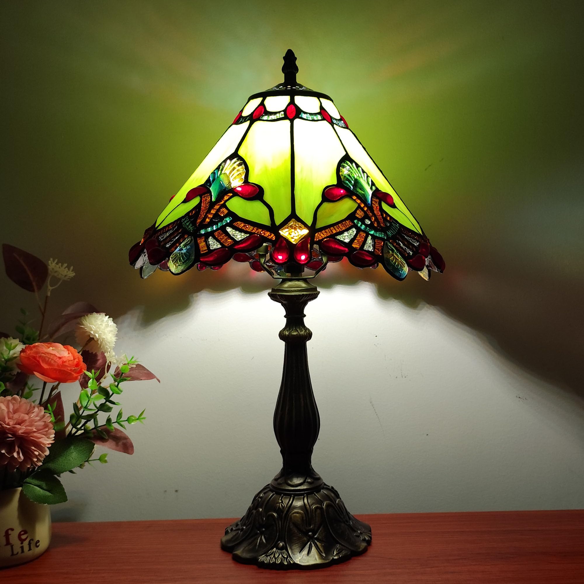 XPHMXP Tiffany lamp Green Baroque Style Stained Glass Table Lamp 12X12X19 Inches 3 -Way Tiffany Style Antique Light for Home Bed