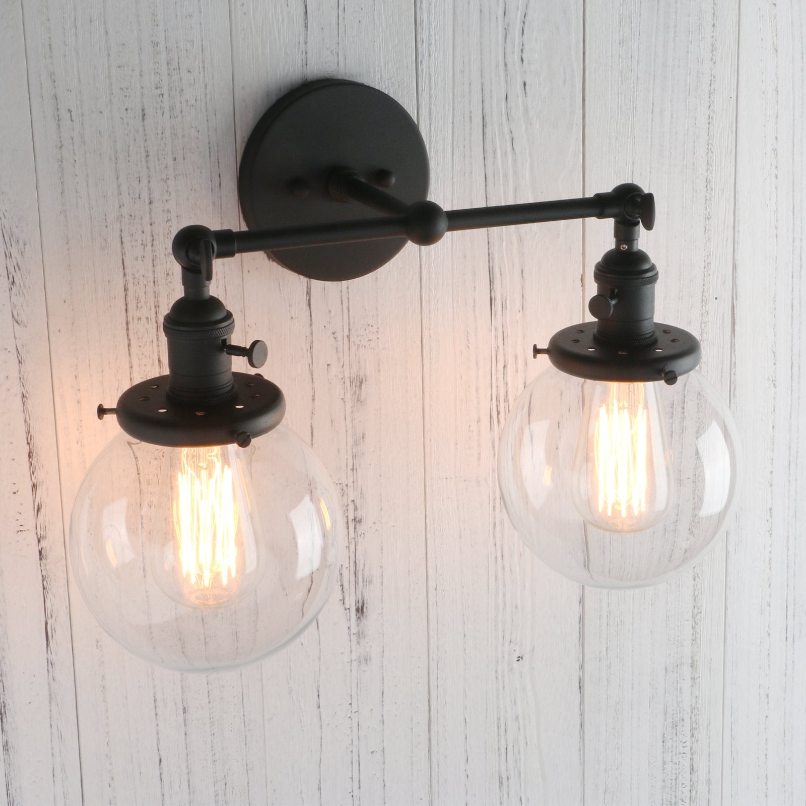 Permo Double Sconce Vintage Industrial Antique 2 Lights Wall Sconces With Dual 5.9 Round Clear Glass Globe Shade (Black)