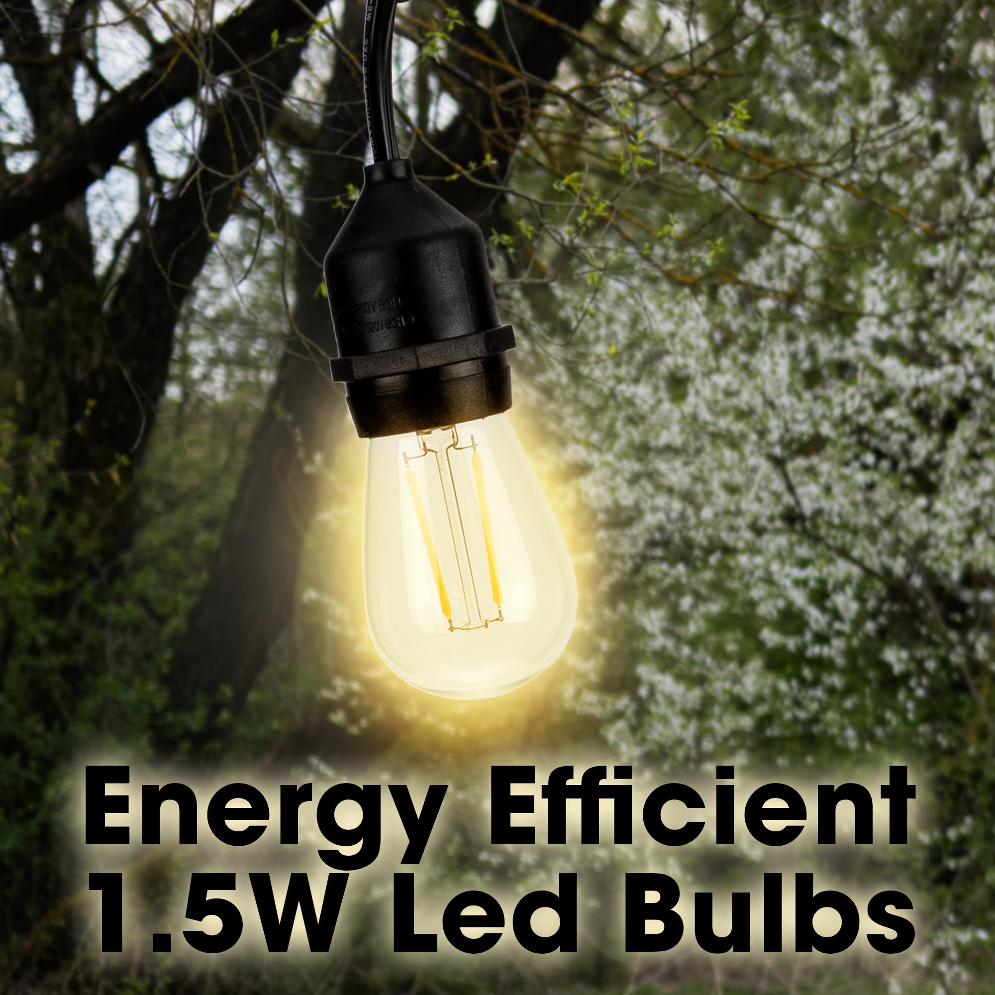 HLO Lighting LED Outdoor Patio String Lights, 46ft, 16 Dimmable Edison Bulbs, Weatherproof, Black