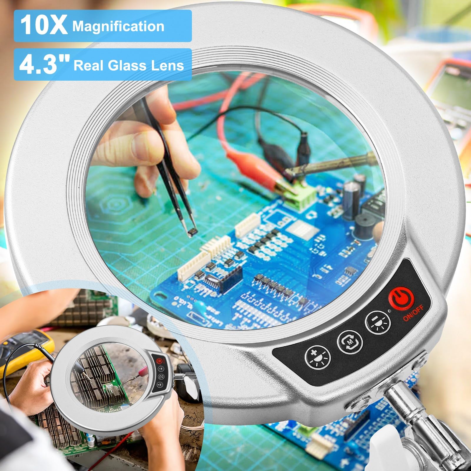 10X Magnifying Glass With Light And Clamp, Real Glass Stand Lighted Magnifier, 5 Color Modes Stepless Dimmable Led Desk Lamp Han