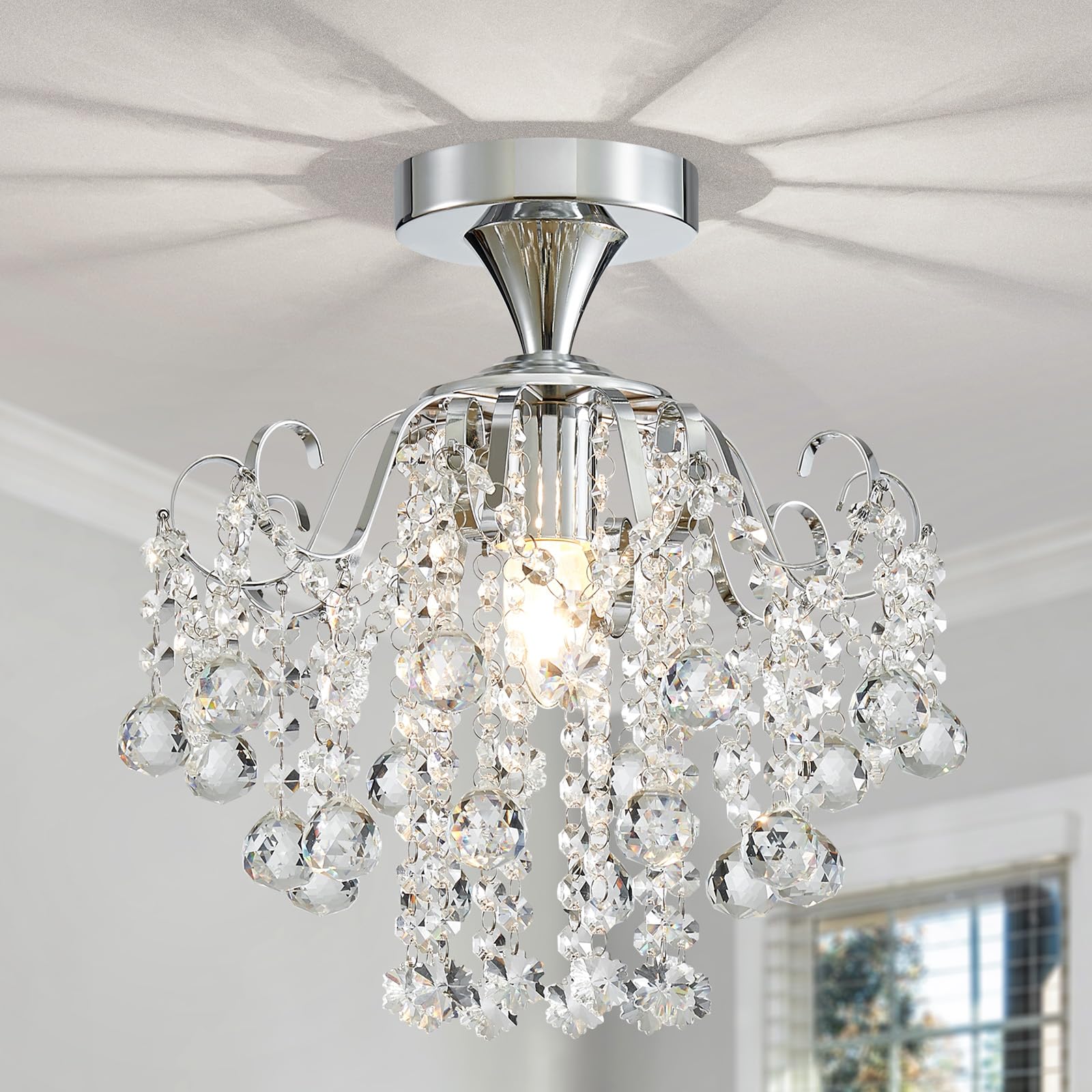 WUZUPS Crystal Chandelier Flushmount Ceiling Light Modern Lighting Fixture for Bedroom Hallway Bar Kitchen Bathroom, H 13.4'' x 