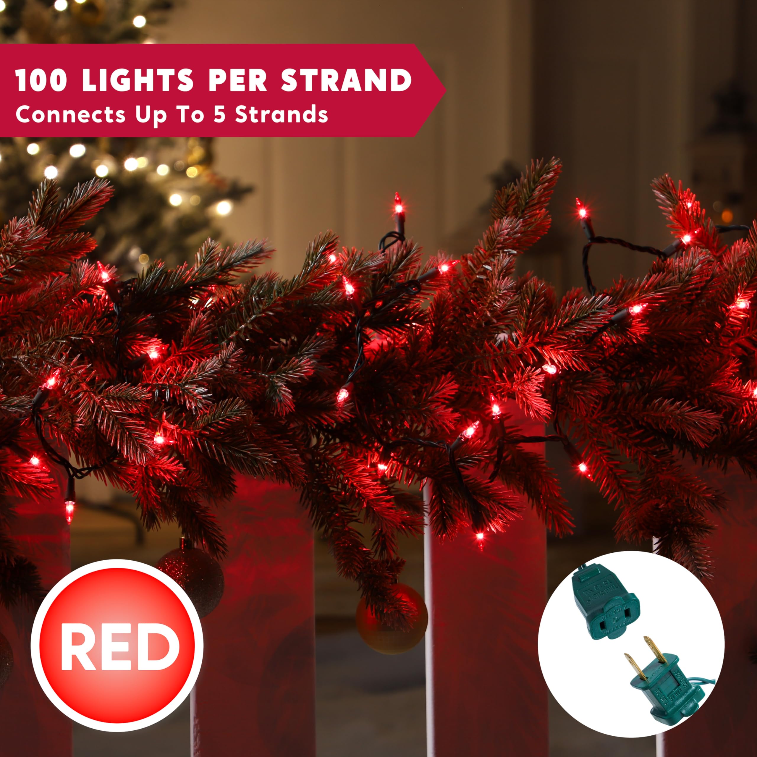 Joiedomi Red Christmas String Lights, 100 Count, 21.4FT, Plug-in for Indoor/Outdoor, Green Wire