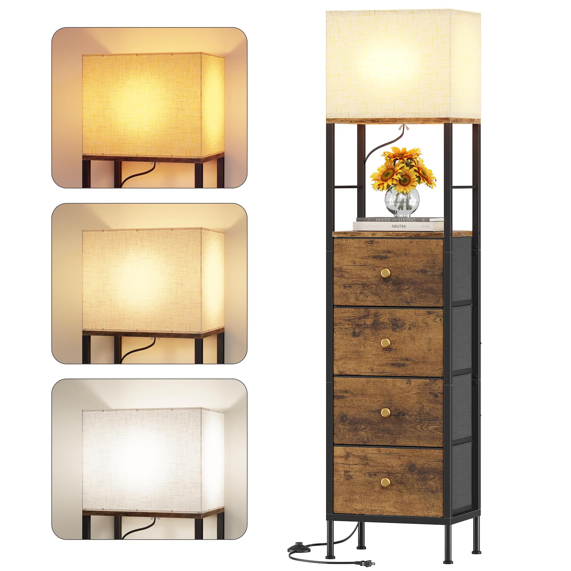 HIGDBFE Tall Nightstand with Light & 4 Drawers, Rustic Brown, 60.4 H
