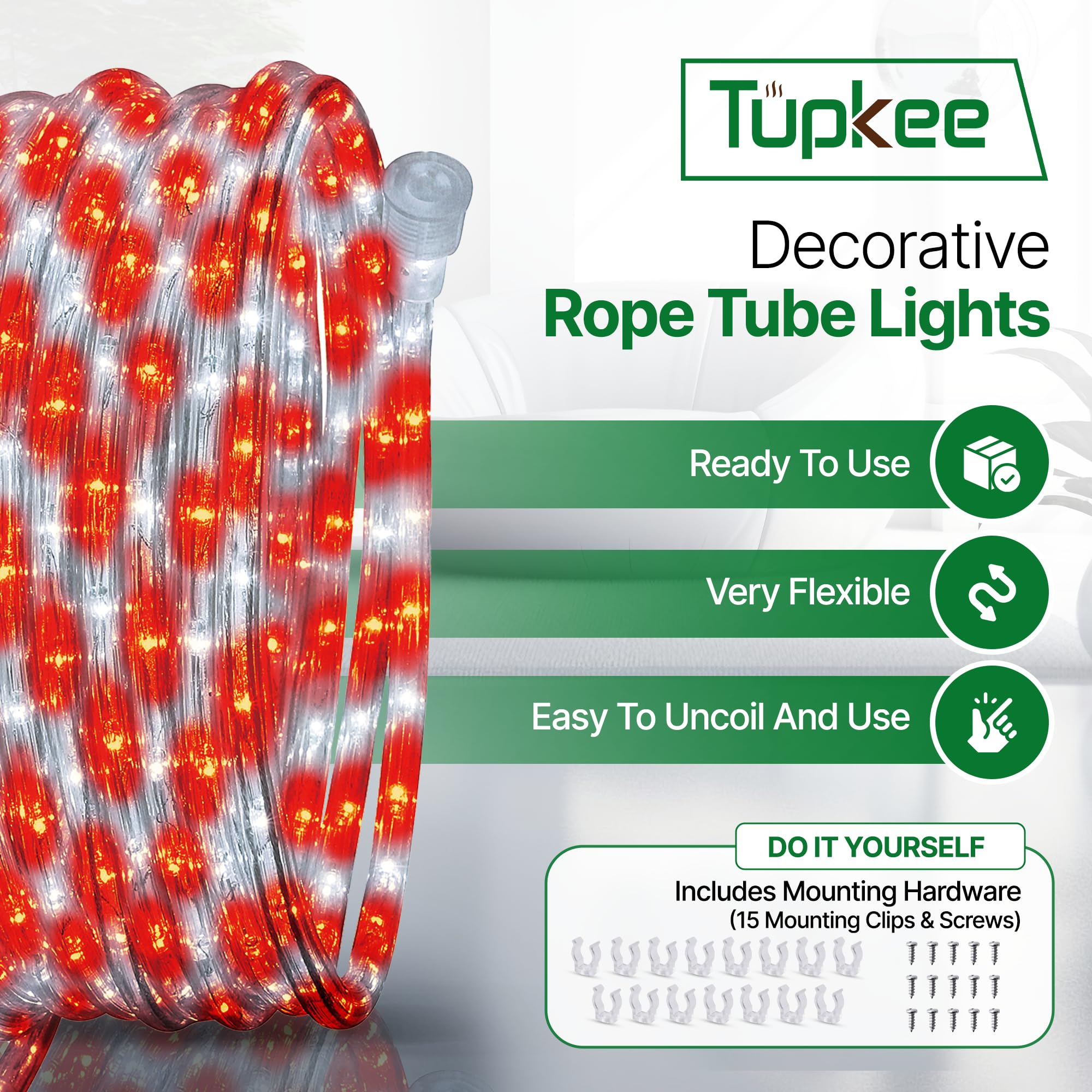 Tupkee LED Rope Light - Red & Cool White - 24 Feet (7.3 m) - 144 Long Life Bulbs - PVC Tube and Copper Wire