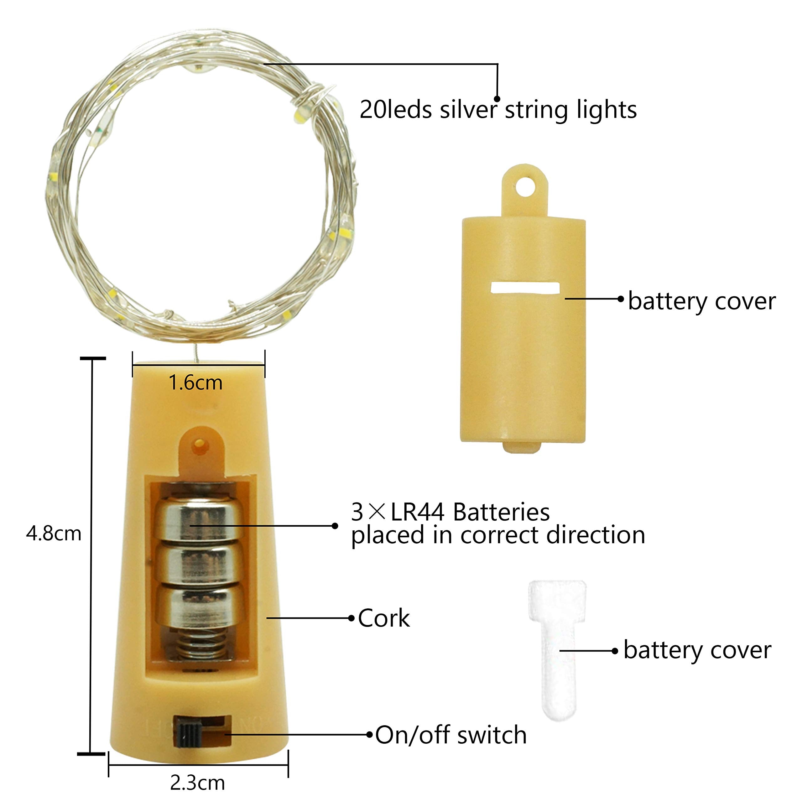 Cynzia 20 Led Wine Bottle Lights With Cork, 15 Pack Battery Operated Cork Shape Fairy Light Waterproof Mini Copper Silver Wire String Lights For Party, Wedding, Christmas, Bedroom Decor (Cold White)