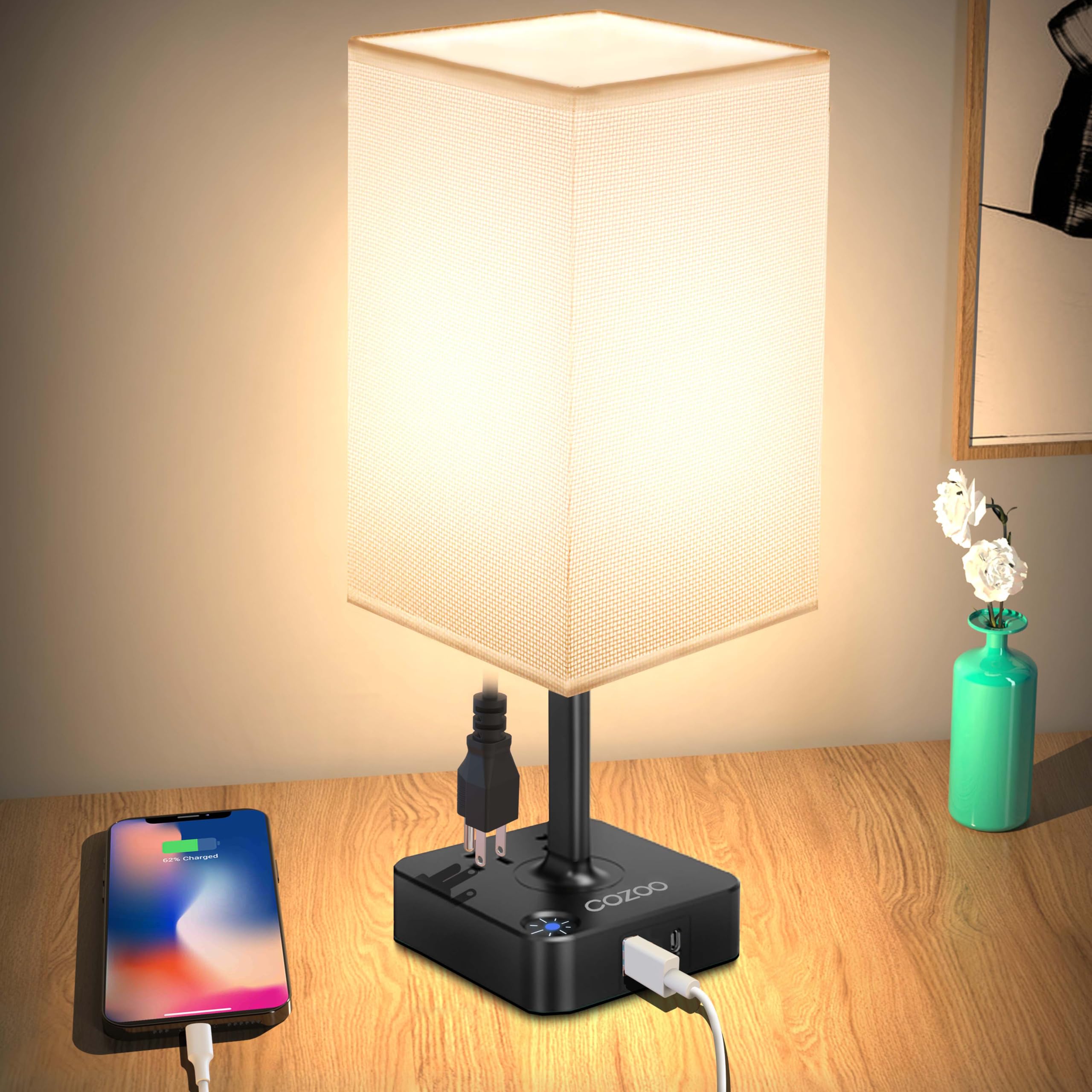 Cozoo Usb Bedside Table & Desk Lamp, 3 Usb Ports, 2 Outlets, Large White Fabric Shade, Model Mc003