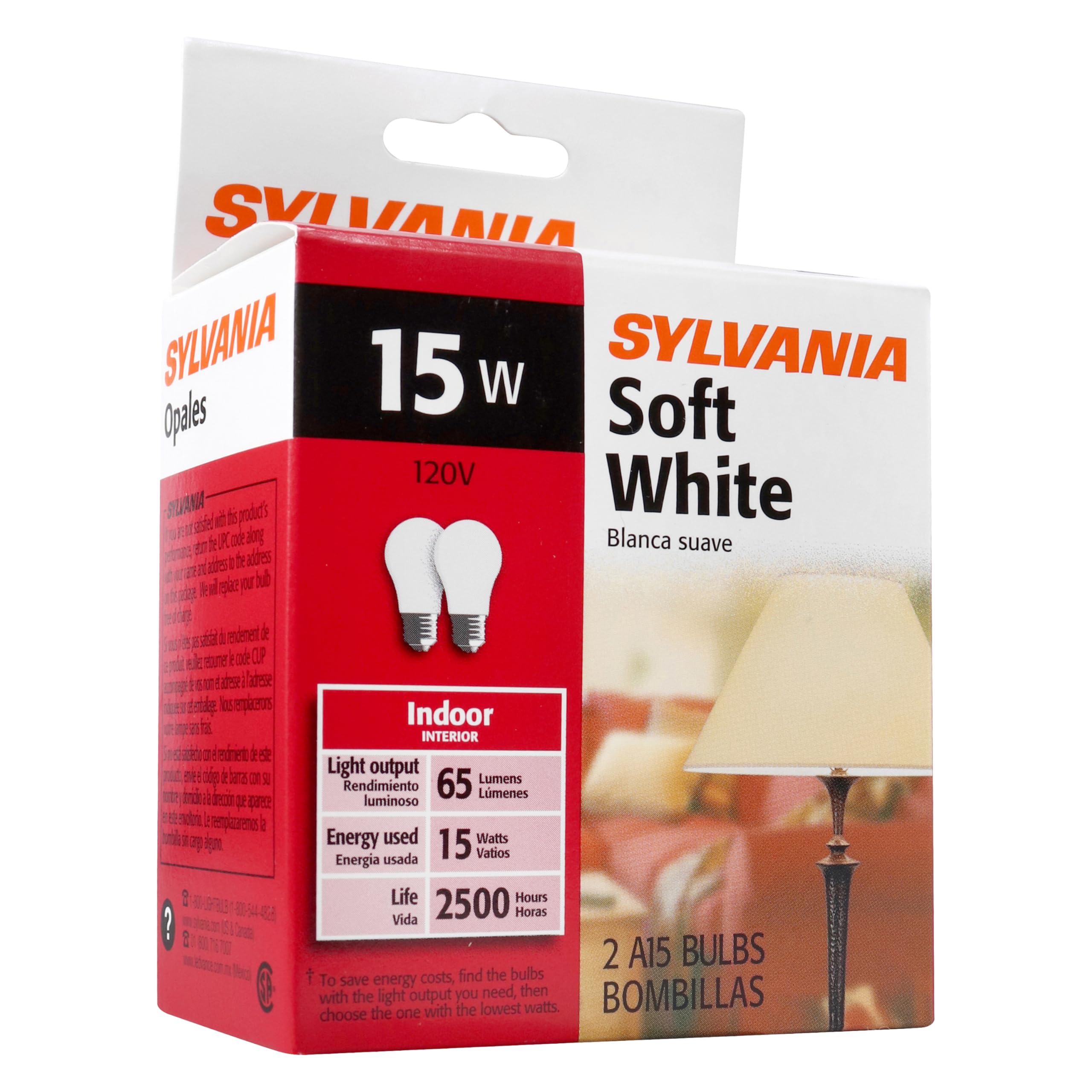LEDVANCE SYLVANIA 15W Incandescent Appliance Light Bulb, Dimmable, Soft White, 2 Pack, Frosted, Model 10015