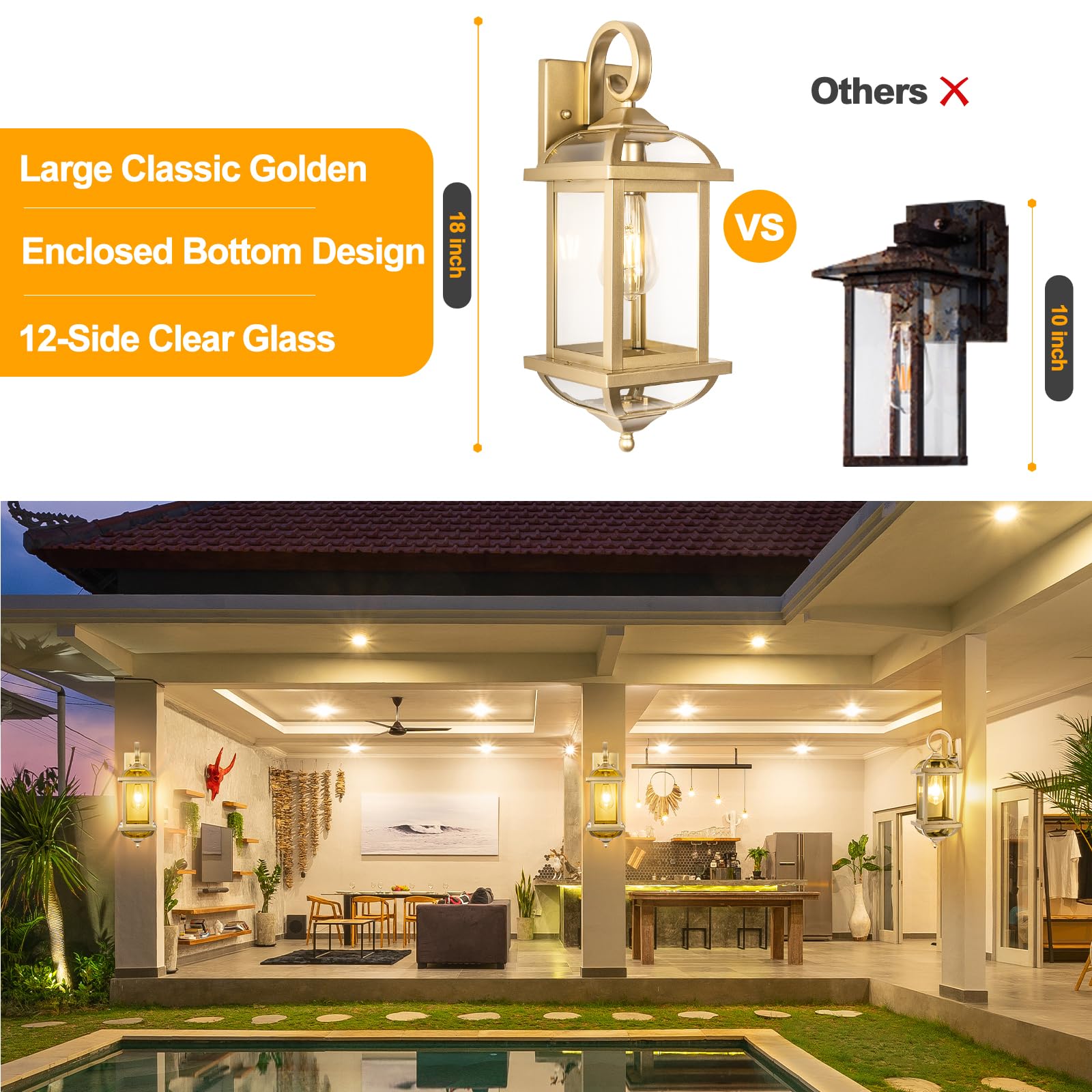 Roravilila 2-Pack 18” Gold Outdoor Wall Lights, Waterproof Brass Lanterns With Clear Glass