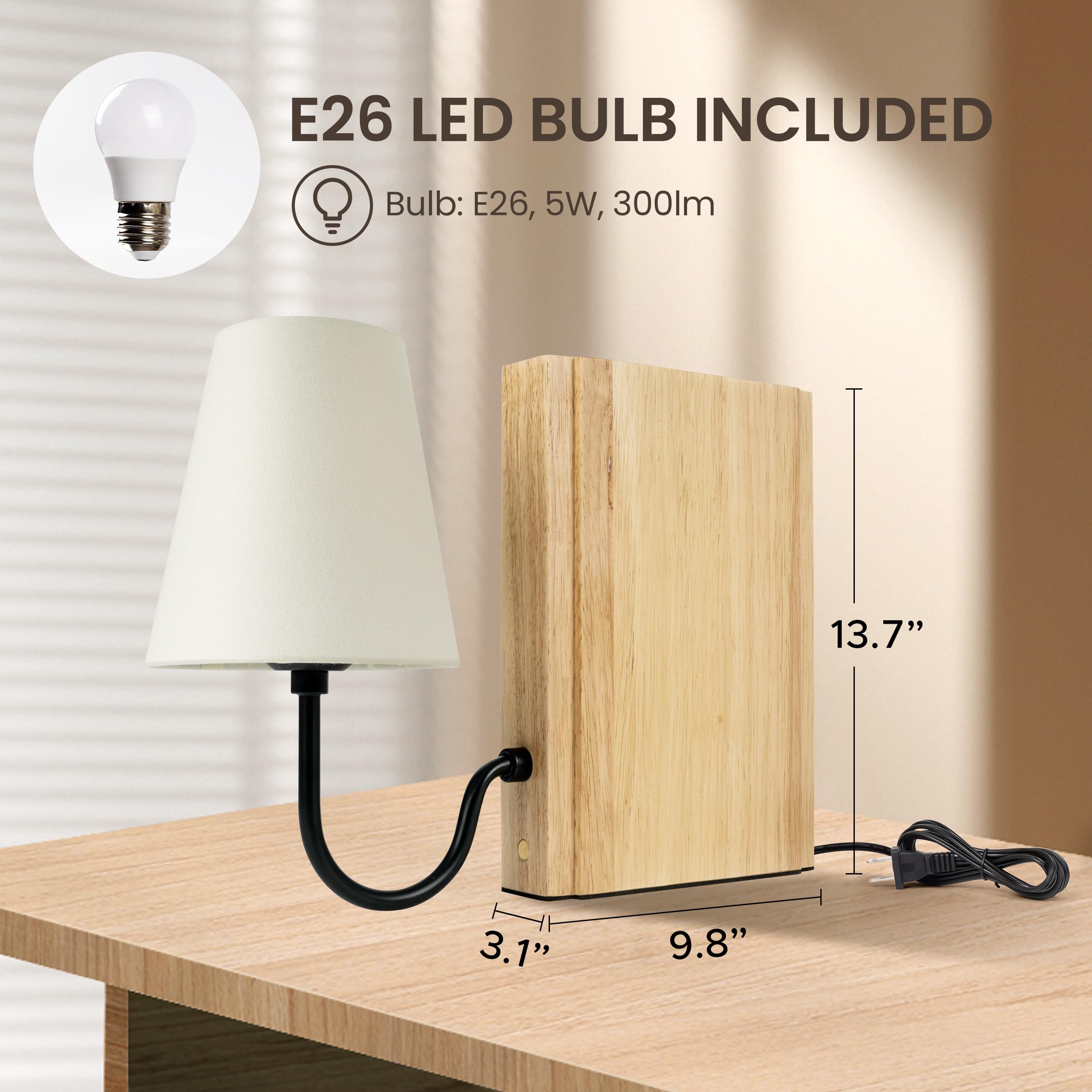 AELS Wooden Bookshelf Lamp - 3-Color Dimmable Touch Control, Linen Shade, Plug-in Model, Natural Finish, Model SL0962