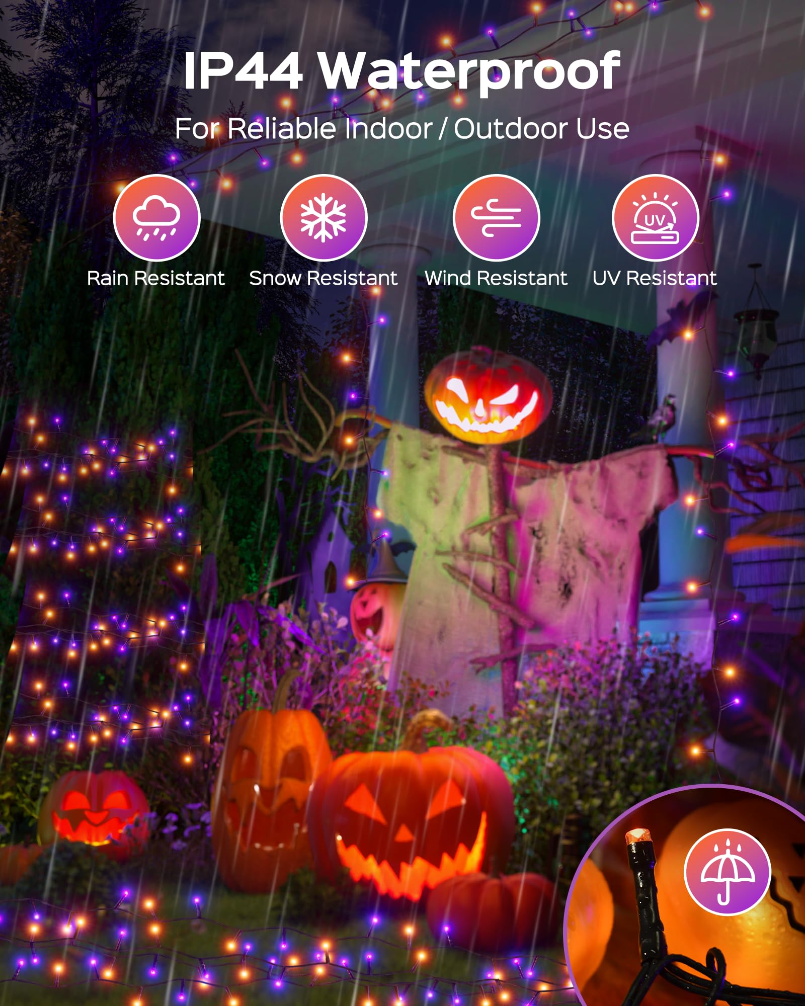 Jackyled 300Led Purple & Orange Halloween Lights, 109Ft Outdoor String Lights Connectable, Memory Function, 8 Modes Indoor Hallo