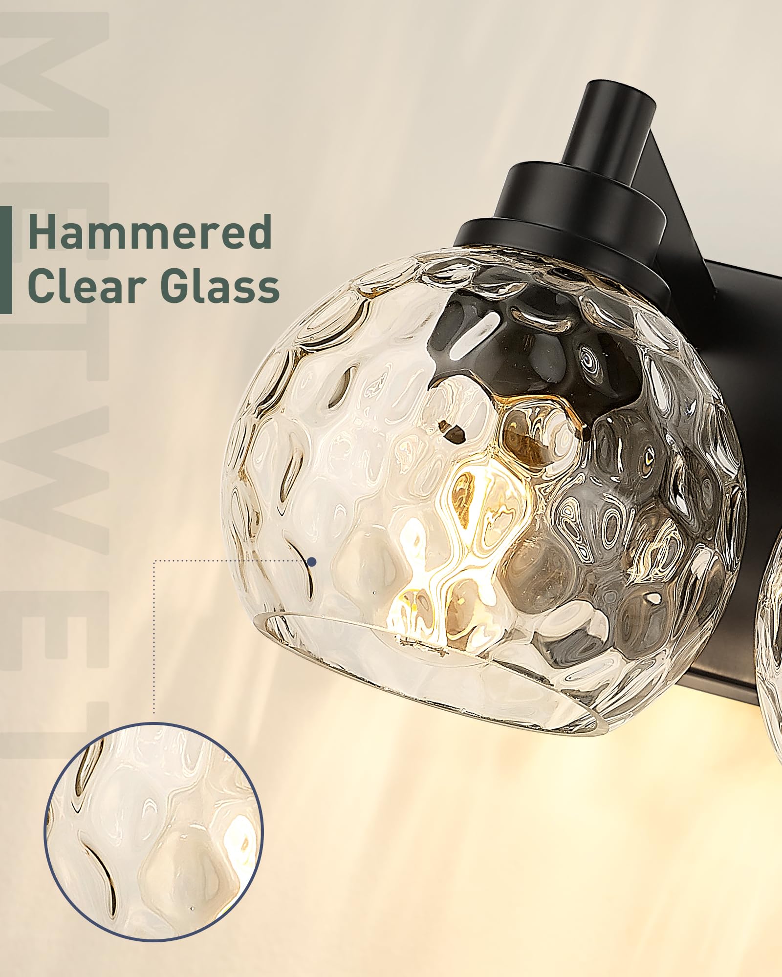 METWET 3-Light Matte Black Bathroom Light Fixtures with Clear Hammered Glass Globe Shade, Model VL200-MB-3