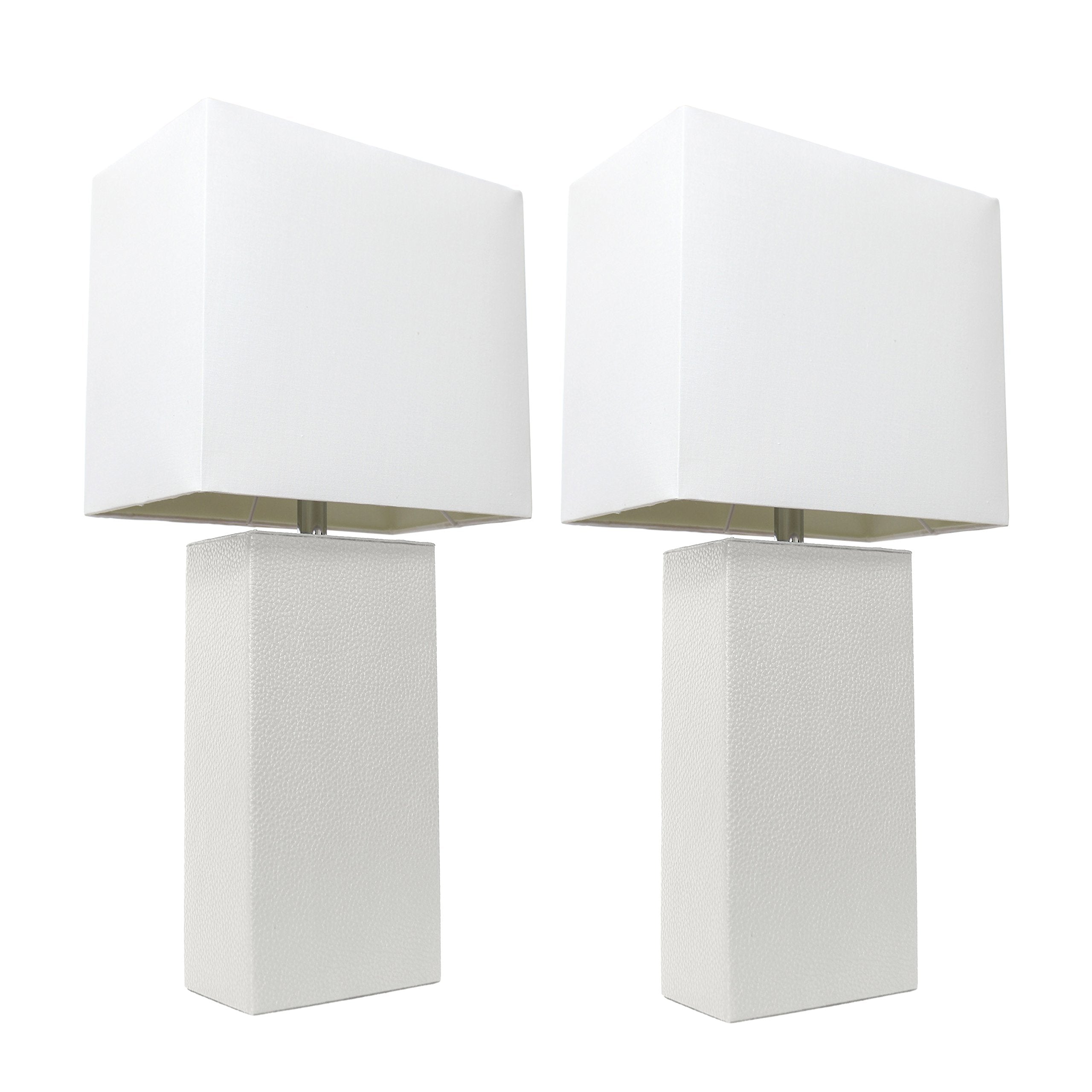 Elegant Designs Lc2000-Wht-2Pk 2 Pack Modern Leather Table Lamps With White Fabric Shades, White