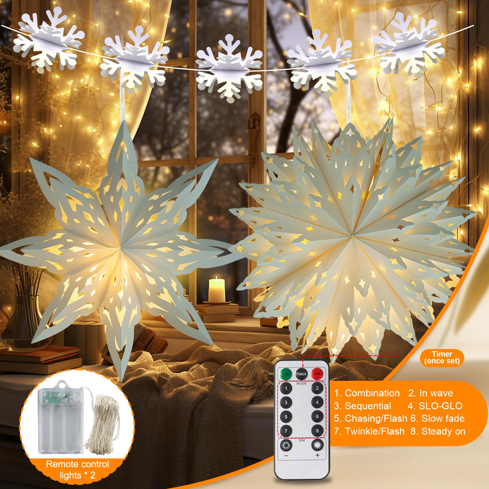 OuMuaMua Christmas Paper Lanterns - 2 Pcs White Star Lanterns with LED Lights for Holiday Decor, Model GSD002