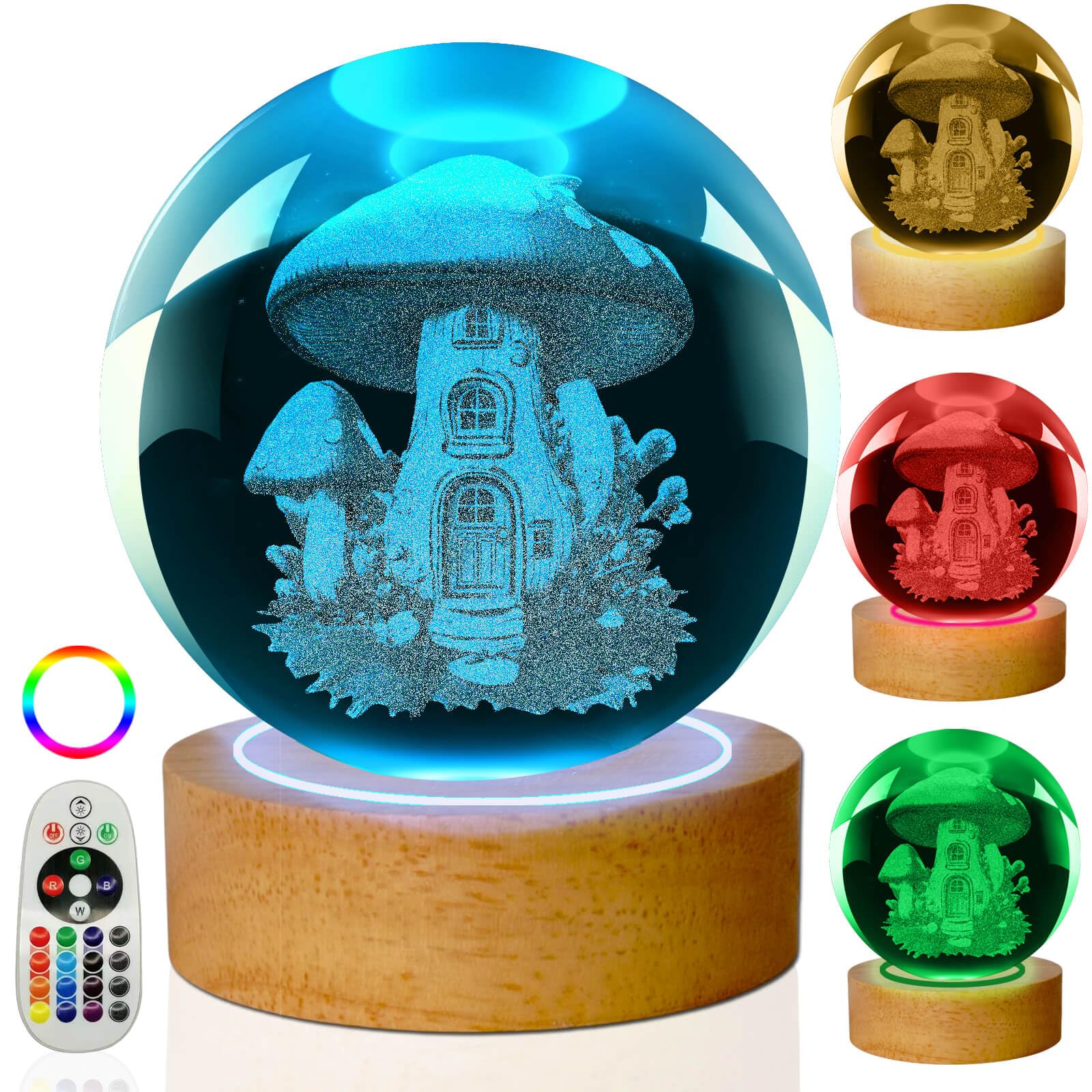 LINSINA Mushroom Lamp - 3.15in Crystal Ball Night Light with Wooden Base, Remote Control, 16 Colors, Model lamp-01, 3D Mushroom Color