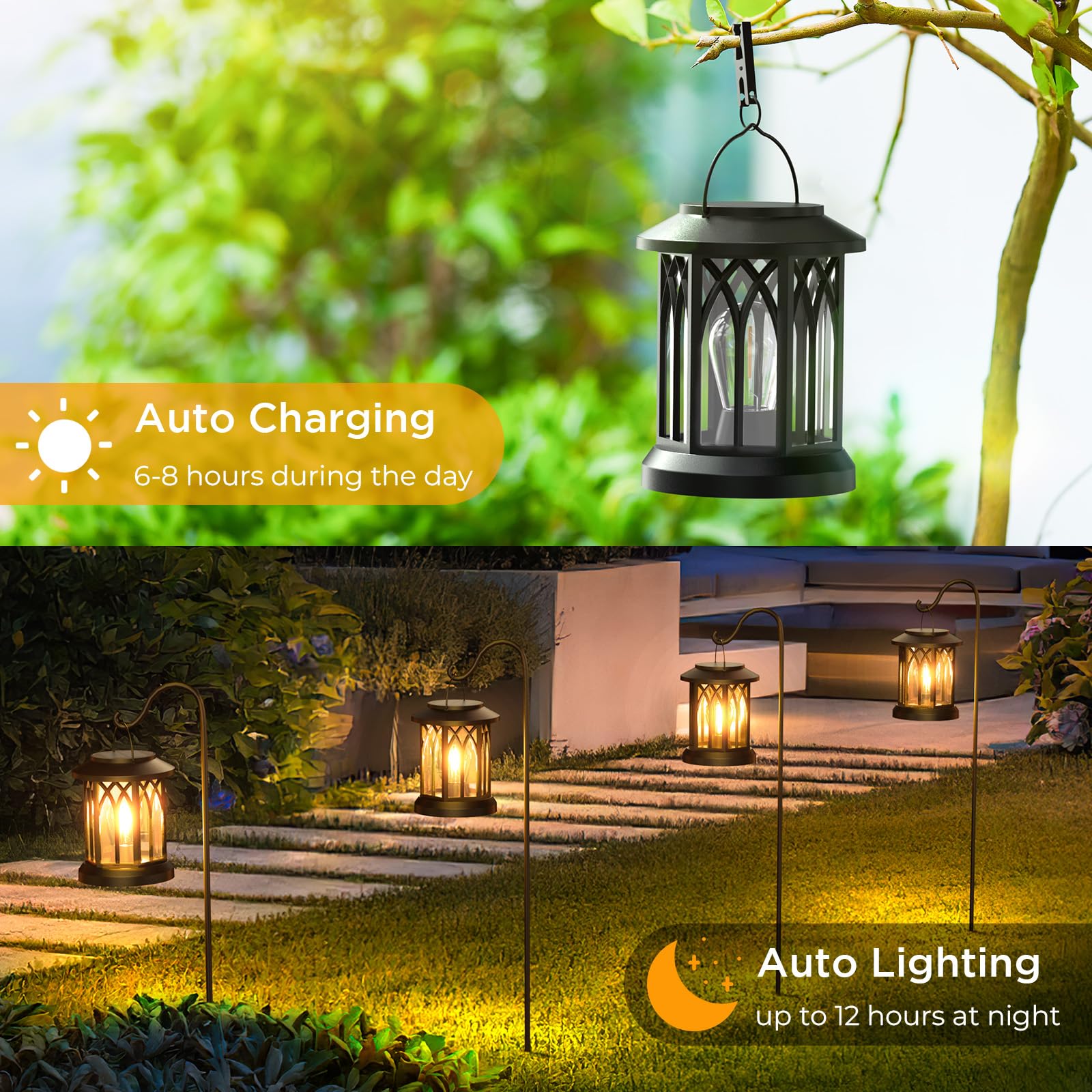 WdtPro Solar Lanterns - 6 Pack Waterproof LED Lights for Outdoor Garden, Black, Model TLL009