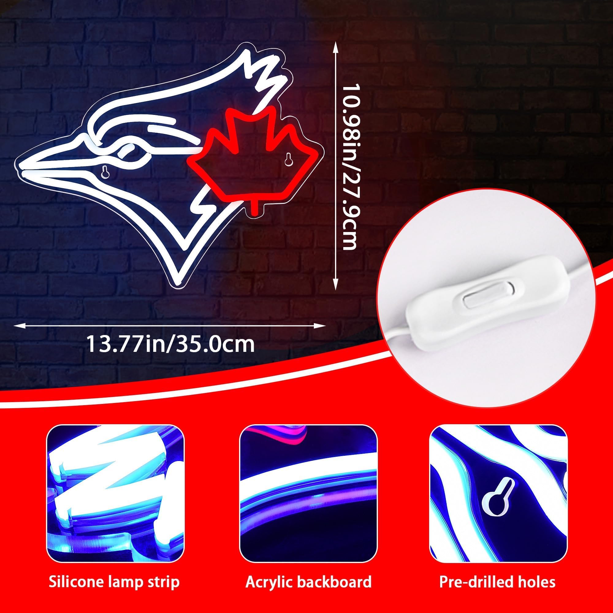 FTMGGDG Baseball Neon Sign Light - Acrylic Wall Decor, 13.8x11in, Jays-Blue & Red, Model FMXD700