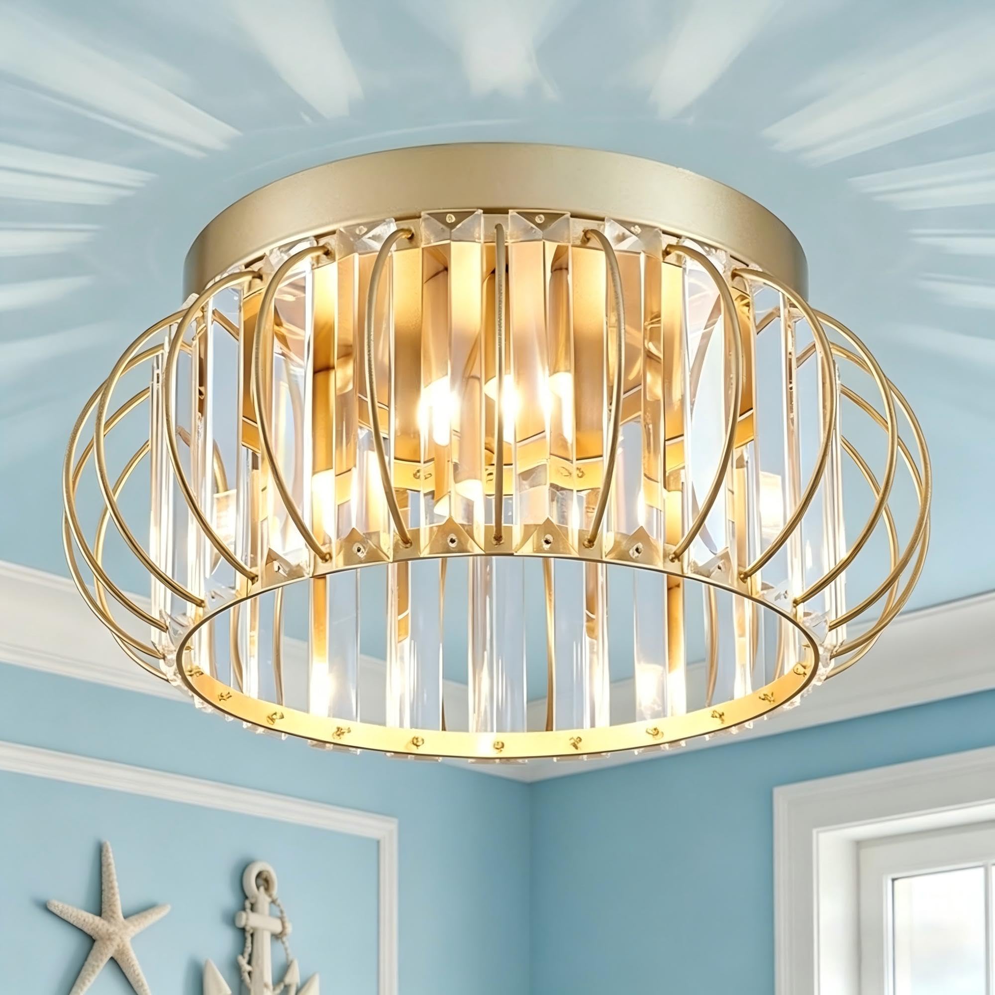 Cabvope 3-Light Modern Crystal Chandelier Gold Flush Mount Ceiling Light Fixtures for Hallway Foyer Bedroom Kitchen Dining Room 