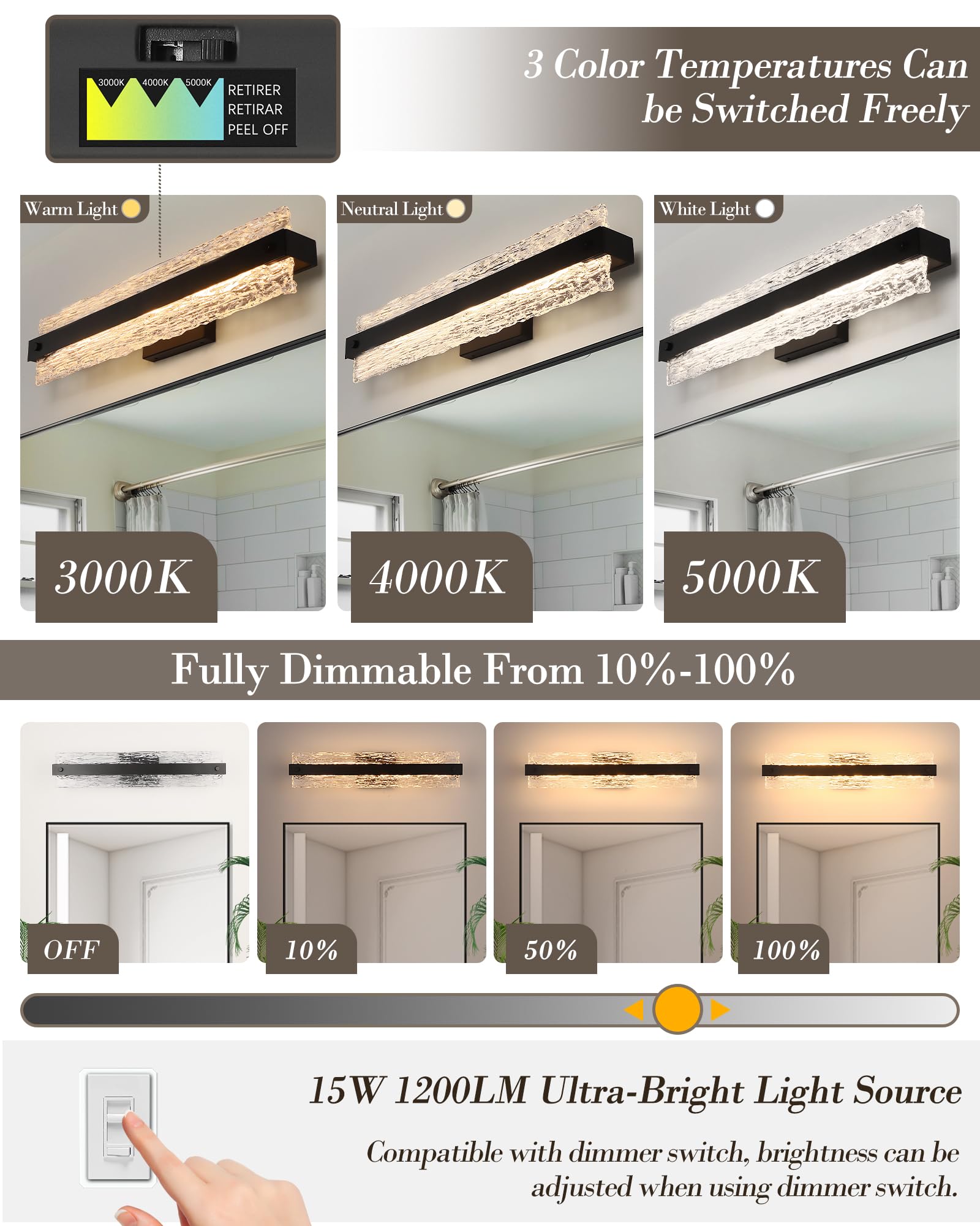 Osimir Black Led Bathroom Vanity Light  24.4 Inch 15W Modern Dimmable Bathroom Light Fixture Over Mirror  Crystal Bar Wall Sconce Lighting For Bath  3Cct  Os-Mm5001-3Bk