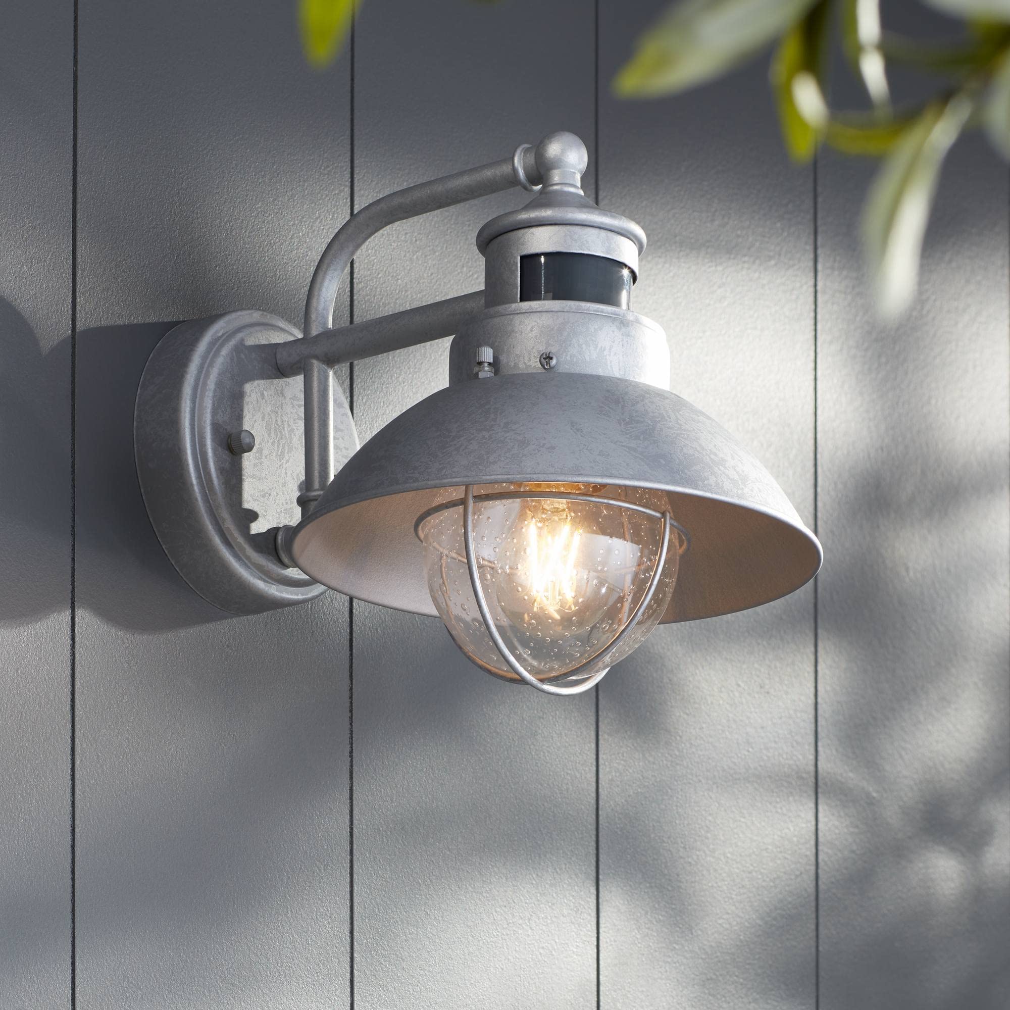 John Timberland Outdoor Barn Light Fixture, Galvanized, 9in Clear Seedy Glass, Motion Sensor, Rustic Industrial Design, Model 1N591