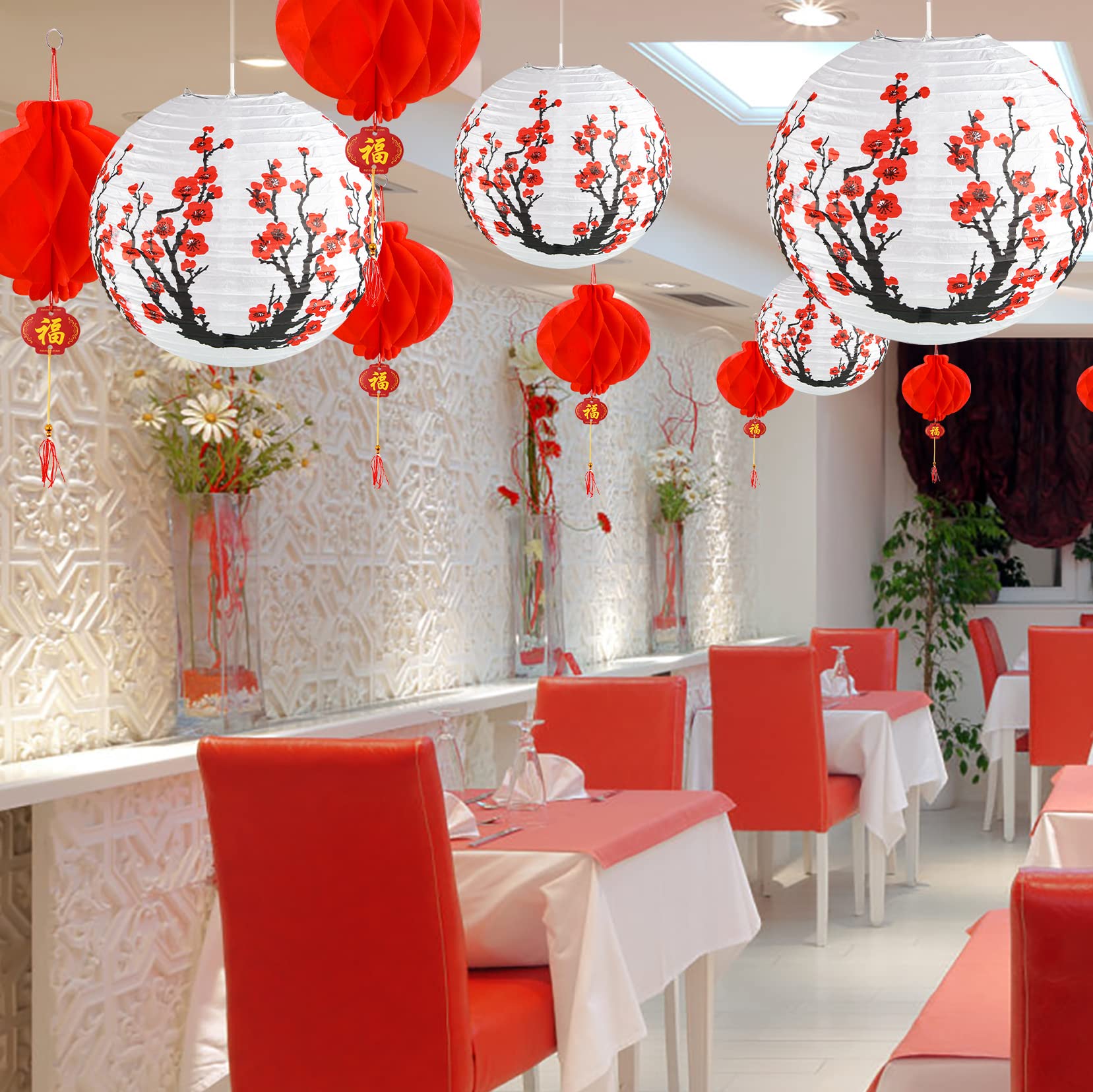 30 Pack Chinese Japanese Paper Lanterns Decoration With 12 Inch Cherry Blossom Hanging Paper Lanterns Lamp 7.9 Inch Chinese Red