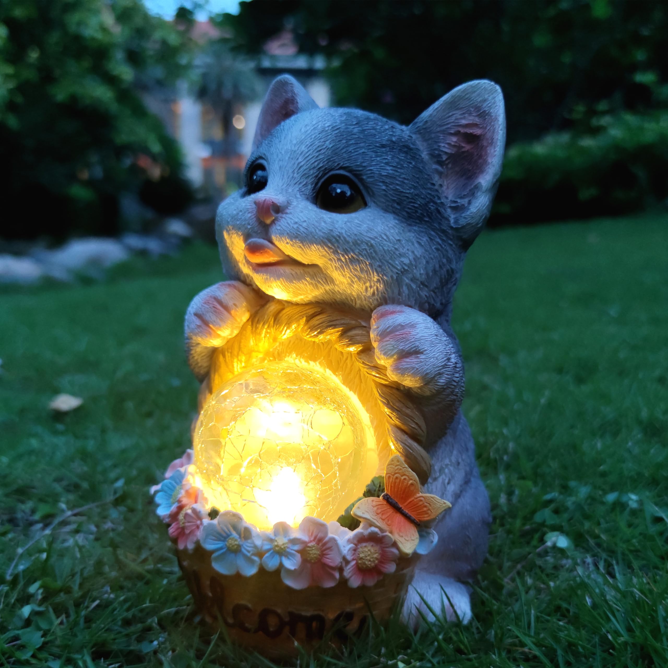 Rctticuu Solar Cat Garden Outdoor Statues Resin Cat Figurine Carrying Flower Basket And Magic Orb With Solar Led Lights  Lawn Decor Outdoor Statue For Patio  Balcony  Yard Ornament Gifts For Mom