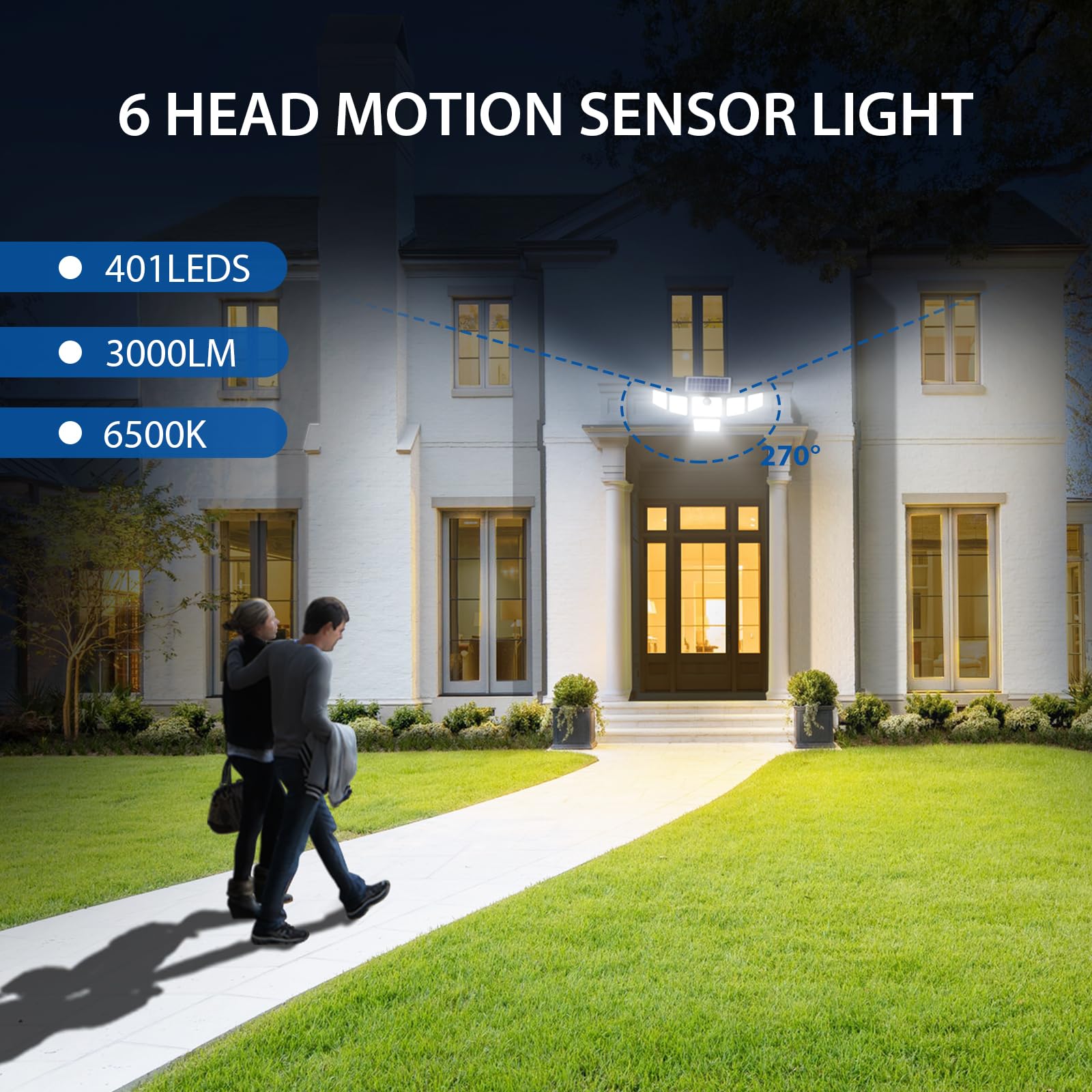 SZPOWER Solar Flood Lights, 3000LM, 6 Heads, Motion Sensor, IP65 Waterproof, 3 Adjustable Brightness, 3 Pack, Black, SZA106-TY