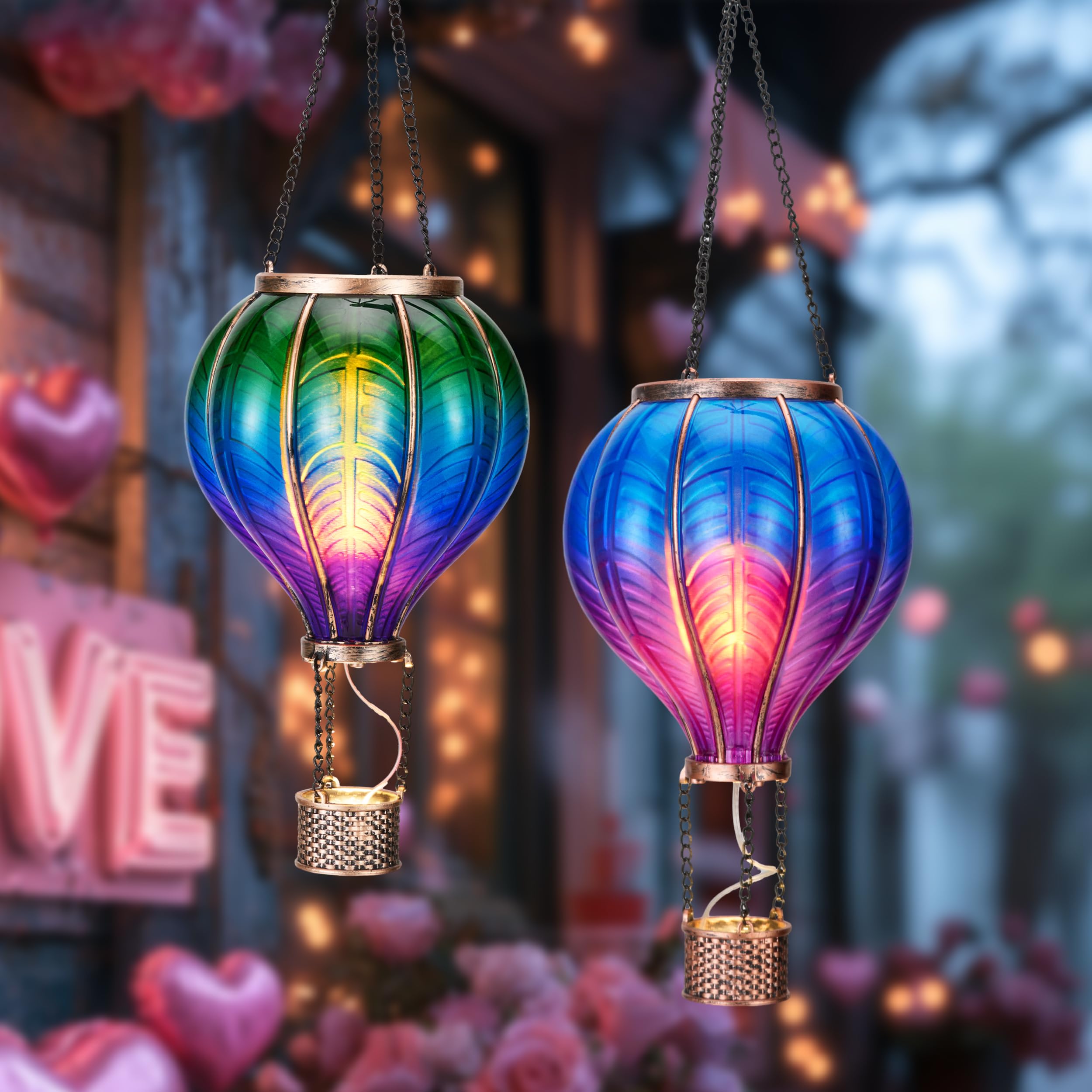 Teresa'S Collections 2 Pack Hanging Solar Lantern Outdoor Garden Decor For Valentine ,Waterproof Plastic Hot Air Balloon Green F