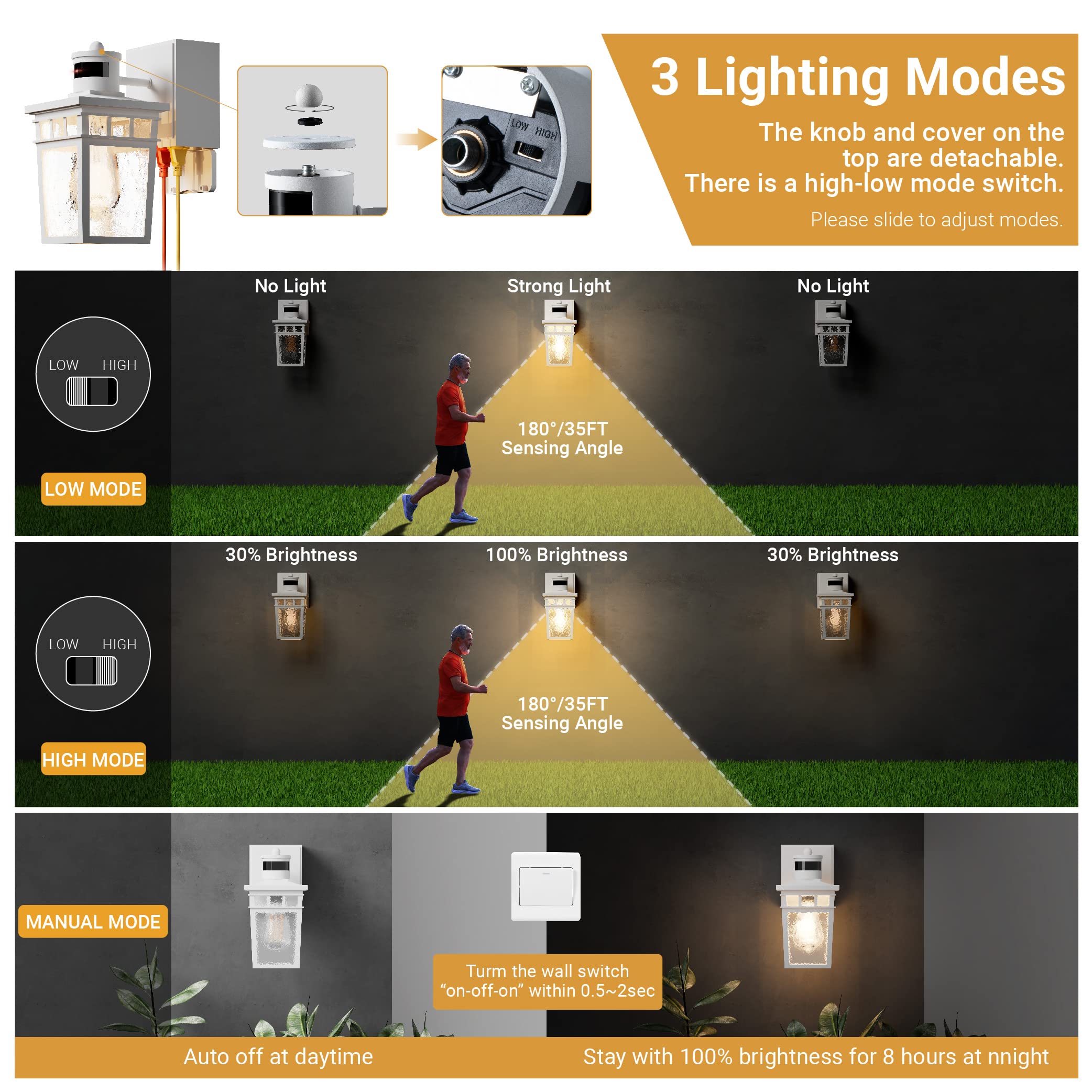 Vioaoeafa 2 Pack Porch Light Outdoor With Gfci Outlet - 3 Lighting Modes Exterior Light Fixture, Dusk To Dawn Motion Sensor Wall