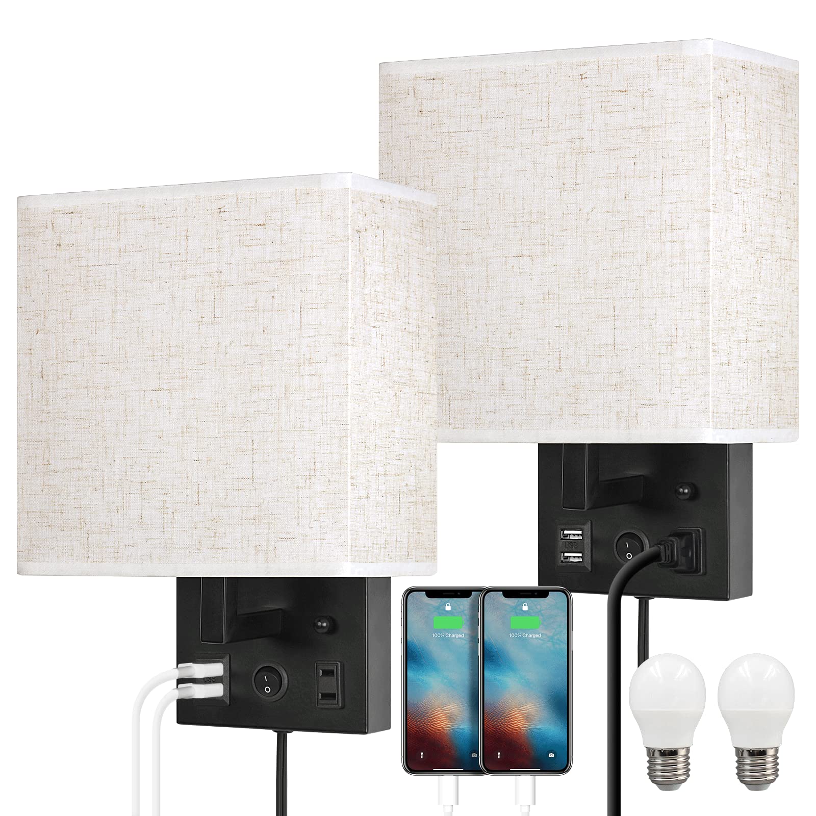 CADUKE Bedside Wall Lamp Set of 2, Modern Black Brushed Nickel, USB Charging Port, AC Outlet, E26 LED Bulb Included, Model HT-R146