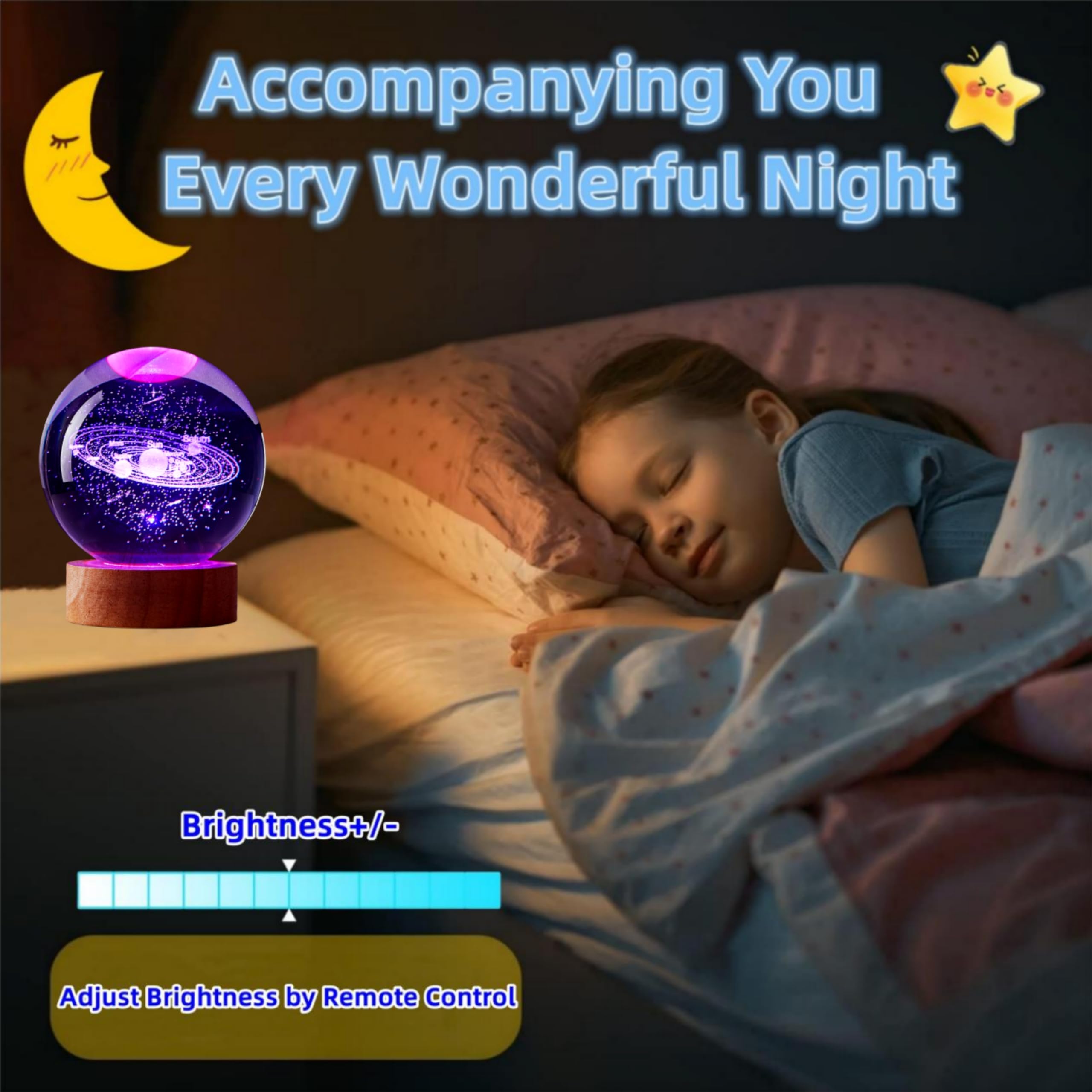 3D Solar System Crystal Ball Lamp, Upgraded 3.15 Inch Galaxy Crystal Ball Night Light With 16 Colors Led Wooden Base, Remote Con