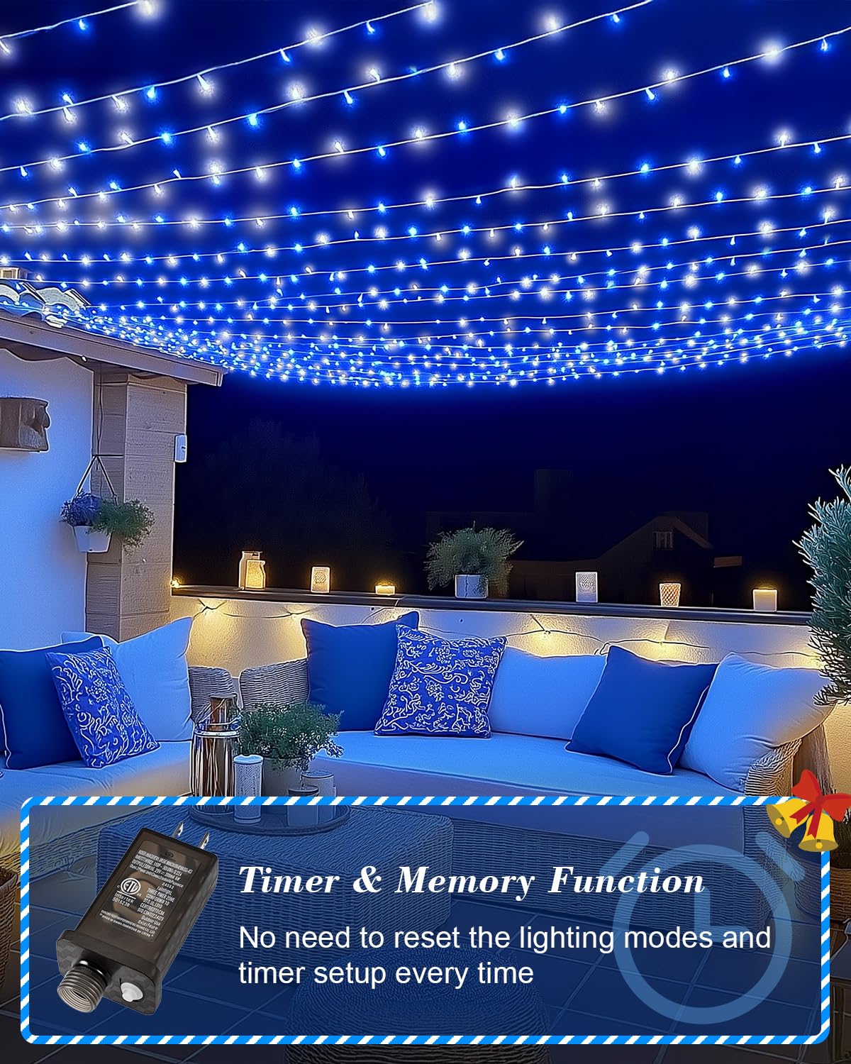 Jixxulvu Blue White Christmas Lights Outdoor Total 710Ft 1800 Led Extra Long String Lights Waterproof  Timer & Memory  8 Modes Dimmable Plug In Fairy For Outside Tree Wedding Patry