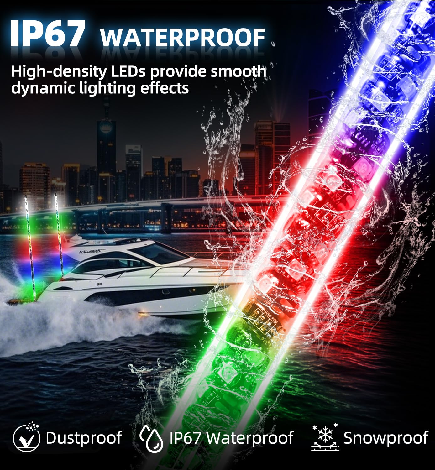 Tavaray 4FT Boat Navigation Lights, 600+ RGB Patterns, Remote Control, 2NM Coast Guard Compliant, Model TVR-WL-4FT-BR-SPIRAL-G