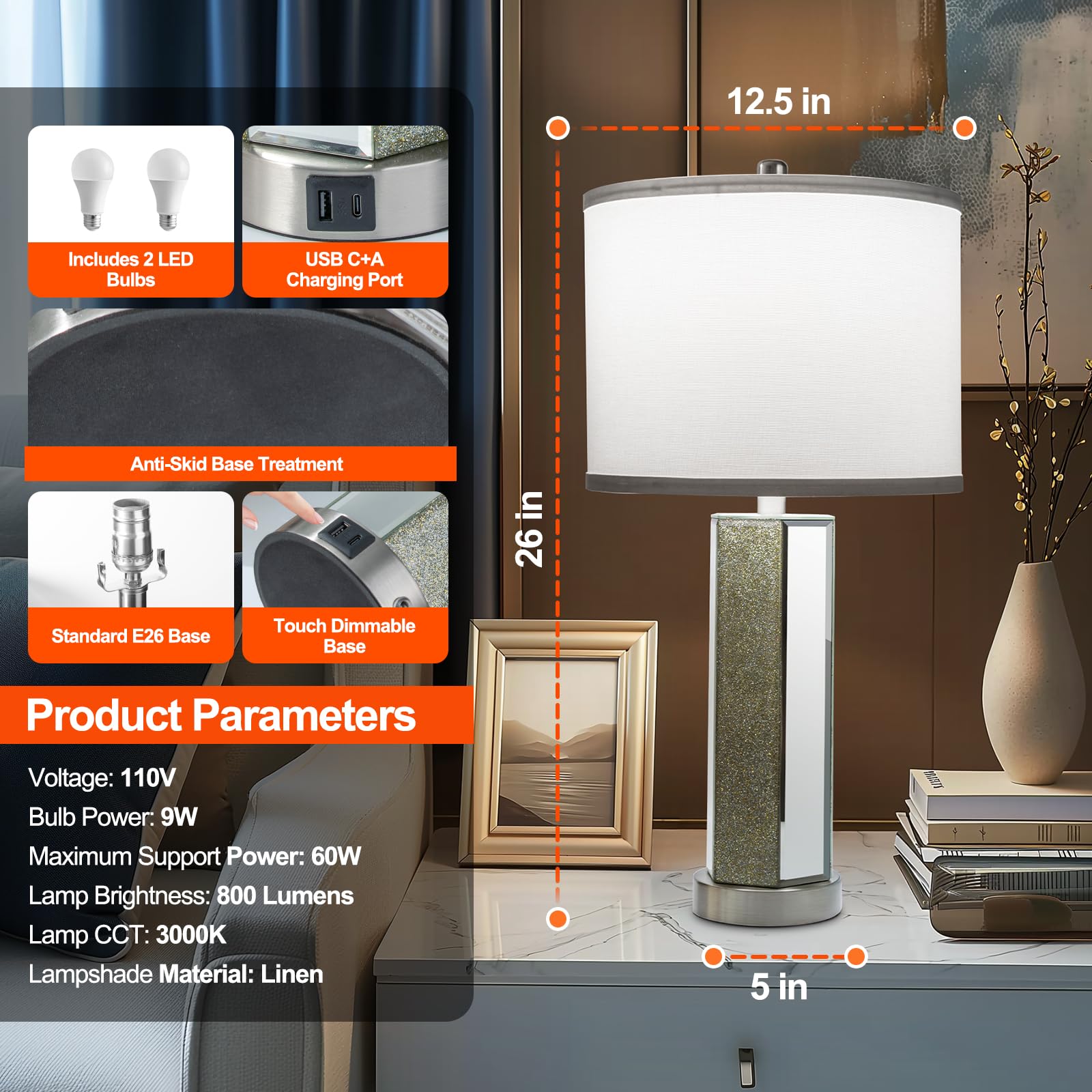 Velxee Touch Control Table Lamps Set Of 2, Modern Silver Mirror Bedside Lamp With 2 Usb Ports, 3-Way Dimmable Real Marble Gold N