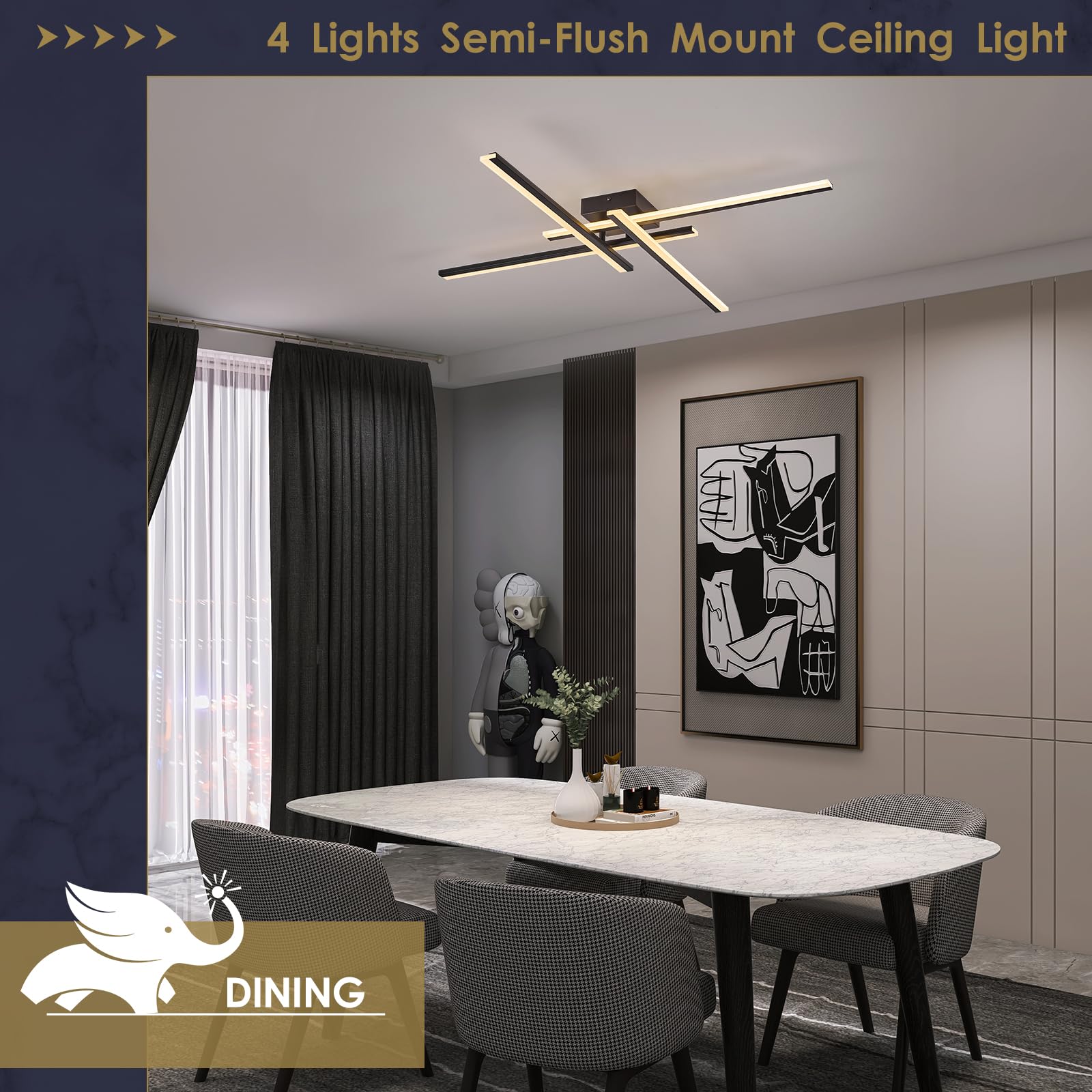 Airyphant Modern Led Chandelier 4-Lights Semi-Flush Mount Ceiling Lighting Fixture 35.4  Dimmable Remote Control Ceiling Light For Living Room Bedroom Kitchen Foyer 40W