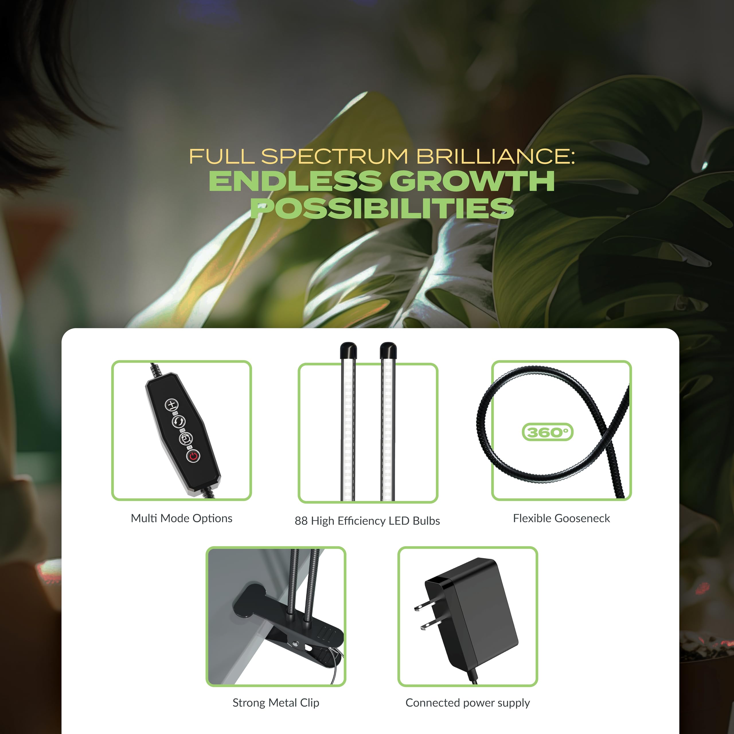 Bloom Lume Led Grow Lights For Indoor Plants Full Spectrum - Features Multi-Mode Color Spectrums, Dimmable, Auto Timer, Clip On Goosneck Plant Lamp