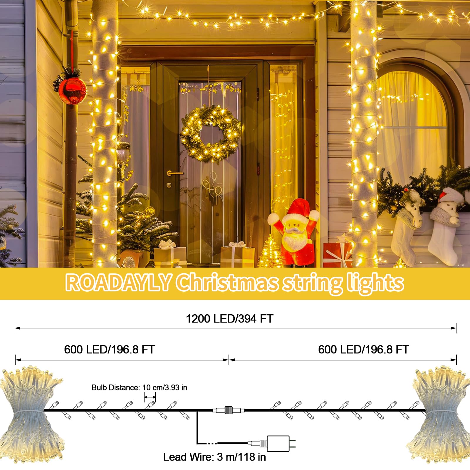 Roadayly 394Ft 1200 Led Christmas Lights Outdoor String Lights 8 Modes & Timer Twinkle Fairy Lights Plug In Waterproof Led Strin