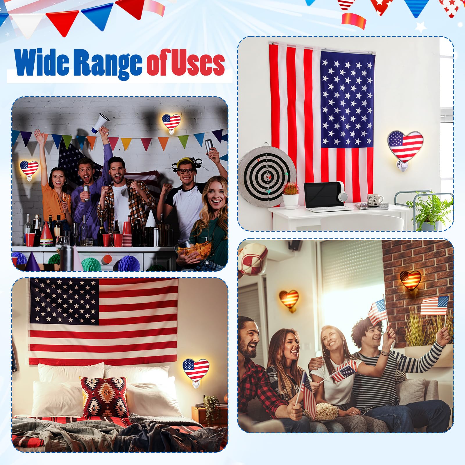 Kittmip Heart Shaped 4th of July Night Light with Switch Acrylic Patriotic American Flag Plug in Wall LED Light for Independence